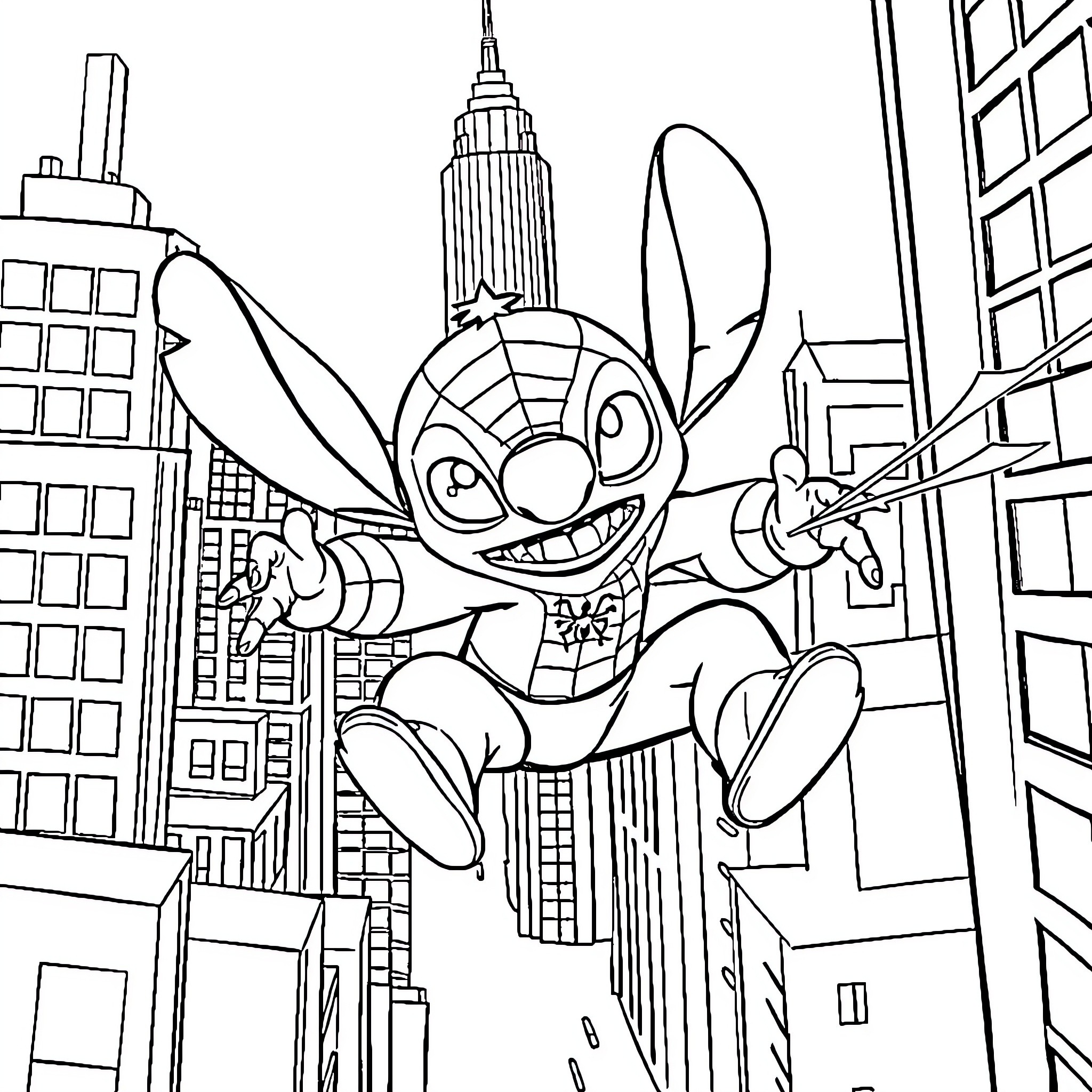 Stitch playfully exploring the city skyline Coloring Page (free black-and-white line drawing printable PDF for all, from beginners to advanced learners, including children, teens, adults, and seniors)