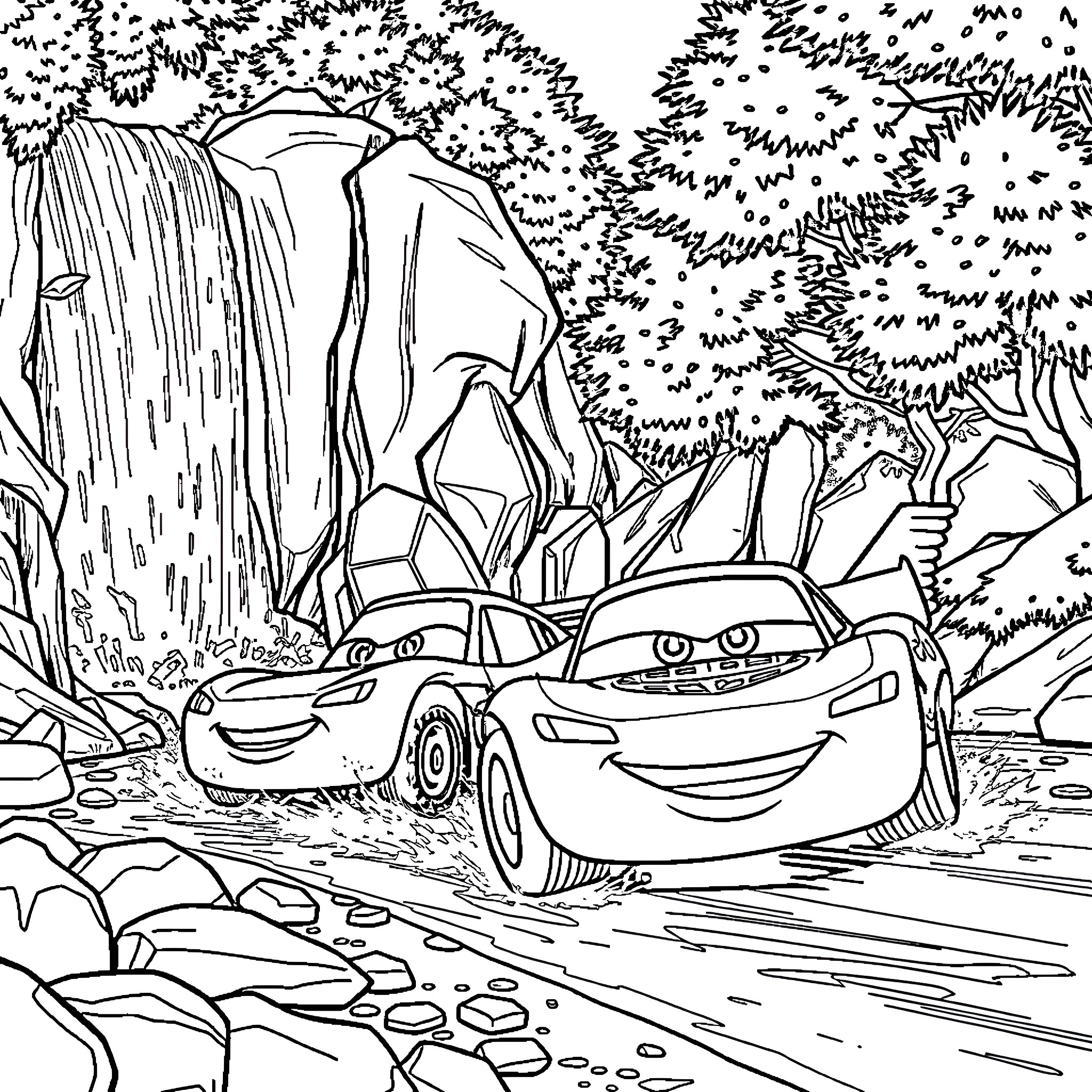 Lightning McQueen navigates through the wilderness Coloring Page (free black-and-white line drawing printable PDF for all, from beginners to advanced learners, including children, teens, adults, and seniors)