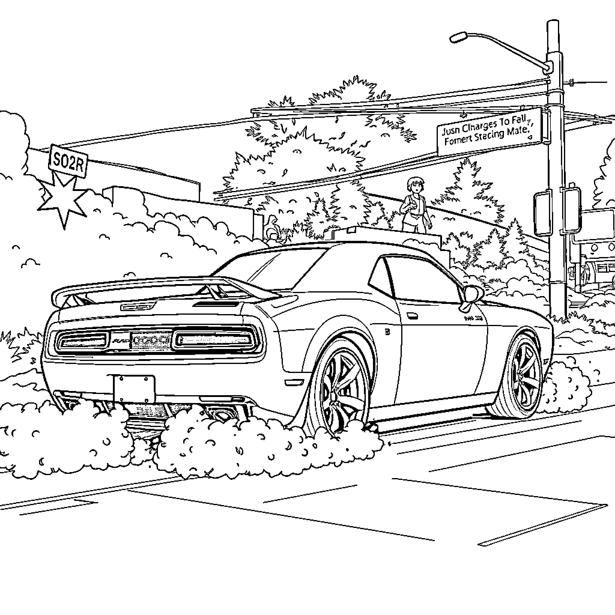 Dodge Charger speeding through the city Coloring Page (free black-and-white line drawing printable PDF for all, from beginners to advanced learners, including children, teens, adults, and seniors)