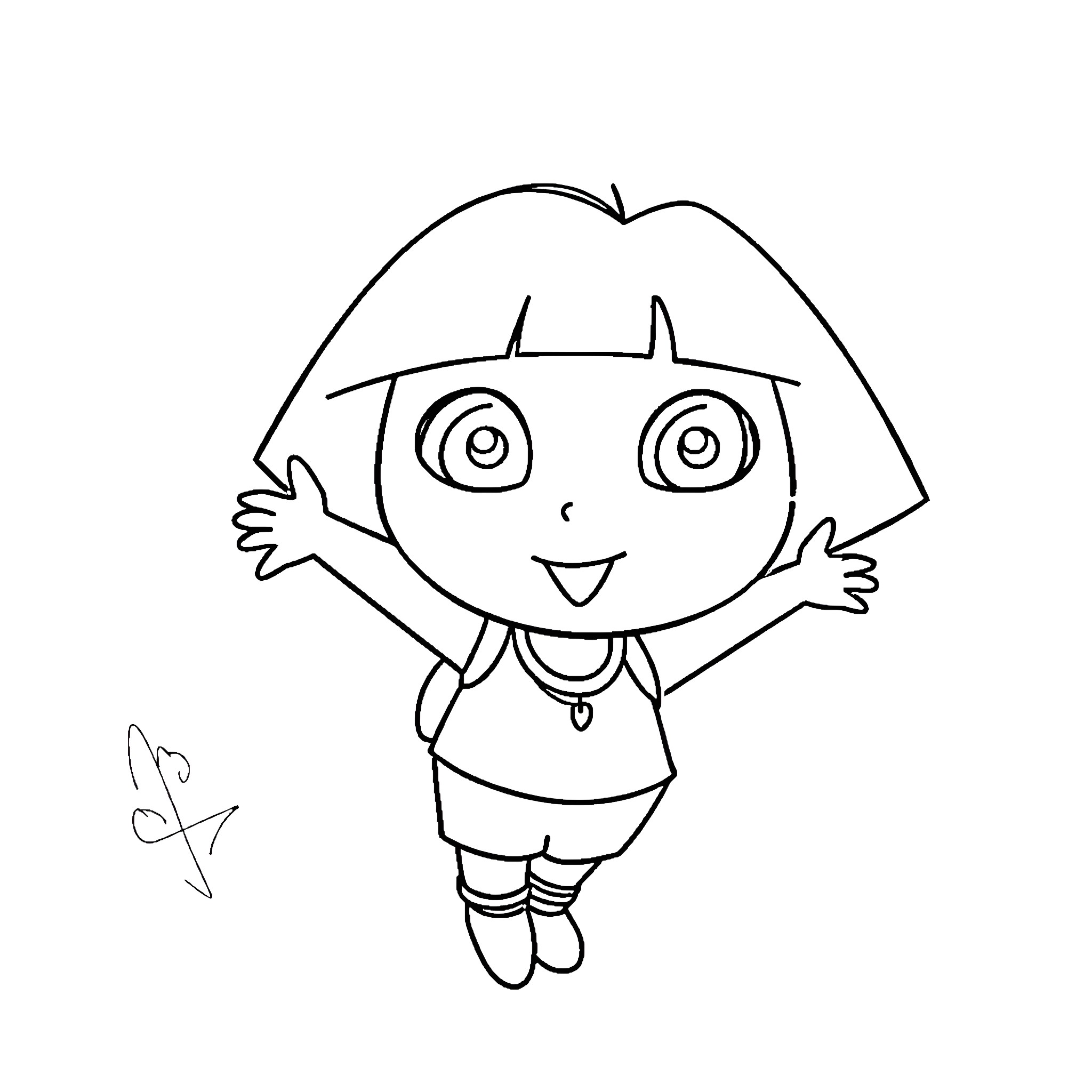 Dora the Explorer joyfully waving her arms Coloring Page (free black-and-white line drawing printable PDF for all, from beginners to advanced learners, including children, teens, adults, and seniors)