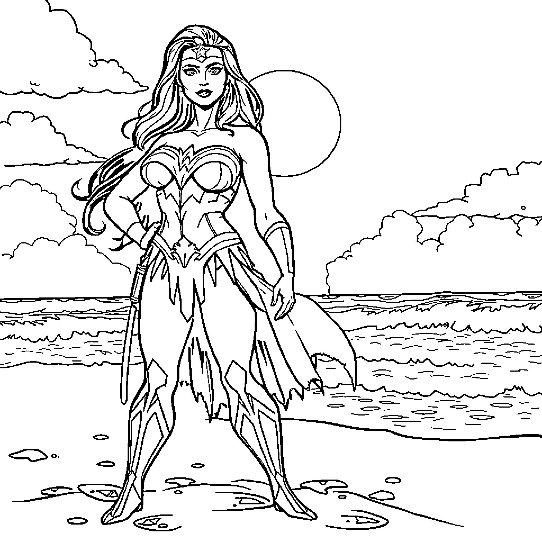 Wonder Woman heroically standing on the beach Coloring Page (free black-and-white line drawing printable PDF for all, from beginners to advanced learners, including children, teens, adults, and seniors)