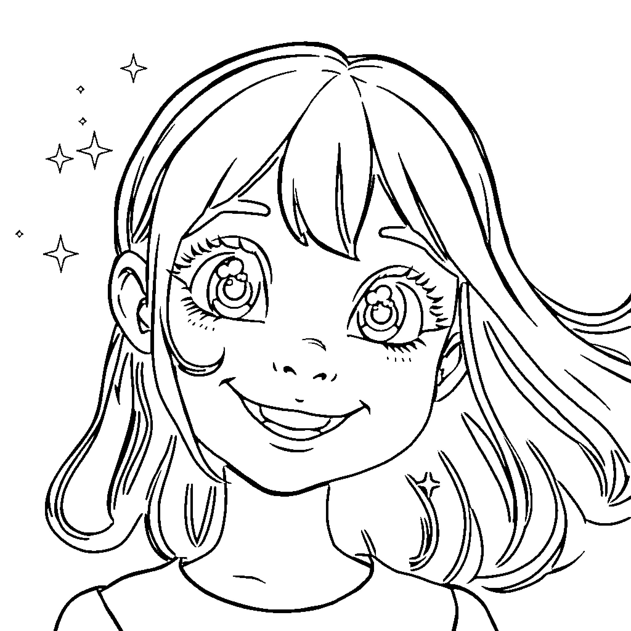 Girl with joyful expression and whimsical stars Coloring Page (free black-and-white line drawing printable PDF for all, from beginners to advanced learners, including children, teens, adults, and seniors)