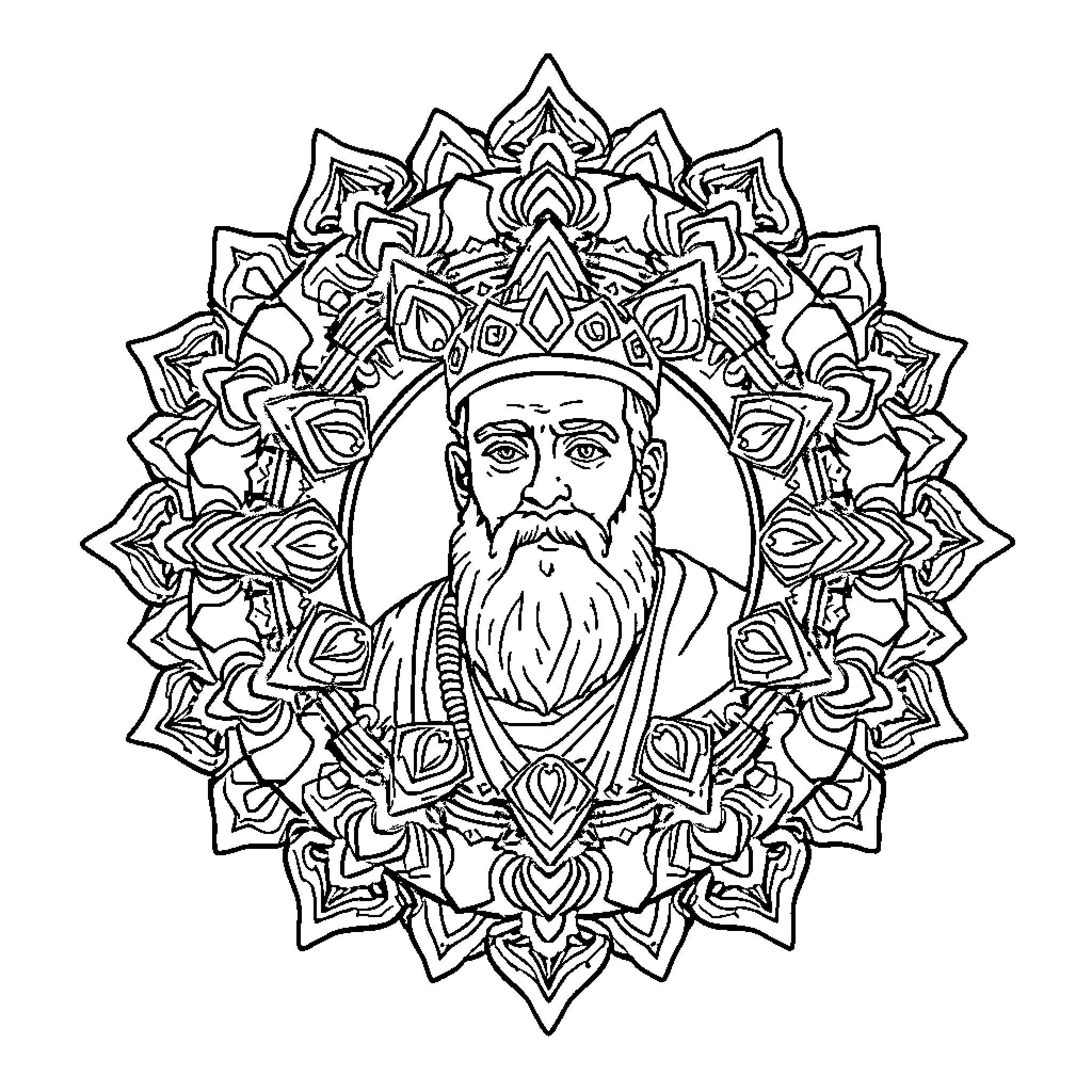 Mandala with a bearded wise man's portrait Coloring Page (free black-and-white line drawing printable PDF for all, from beginners to advanced learners, including children, teens, adults, and seniors)