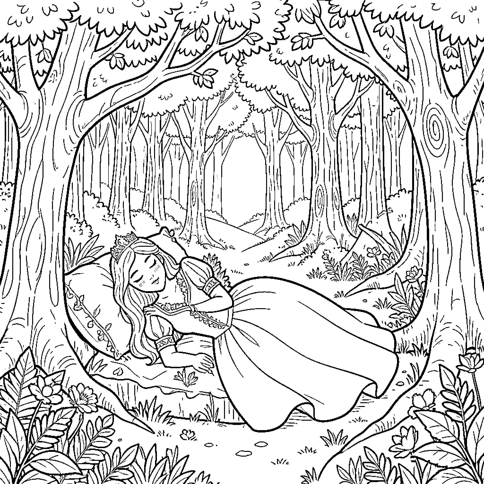 Sleeping Beauty resting peacefully in a forest setting Coloring Page (free black-and-white line drawing printable PDF for all, from beginners to advanced learners, including children, teens, adults, and seniors)