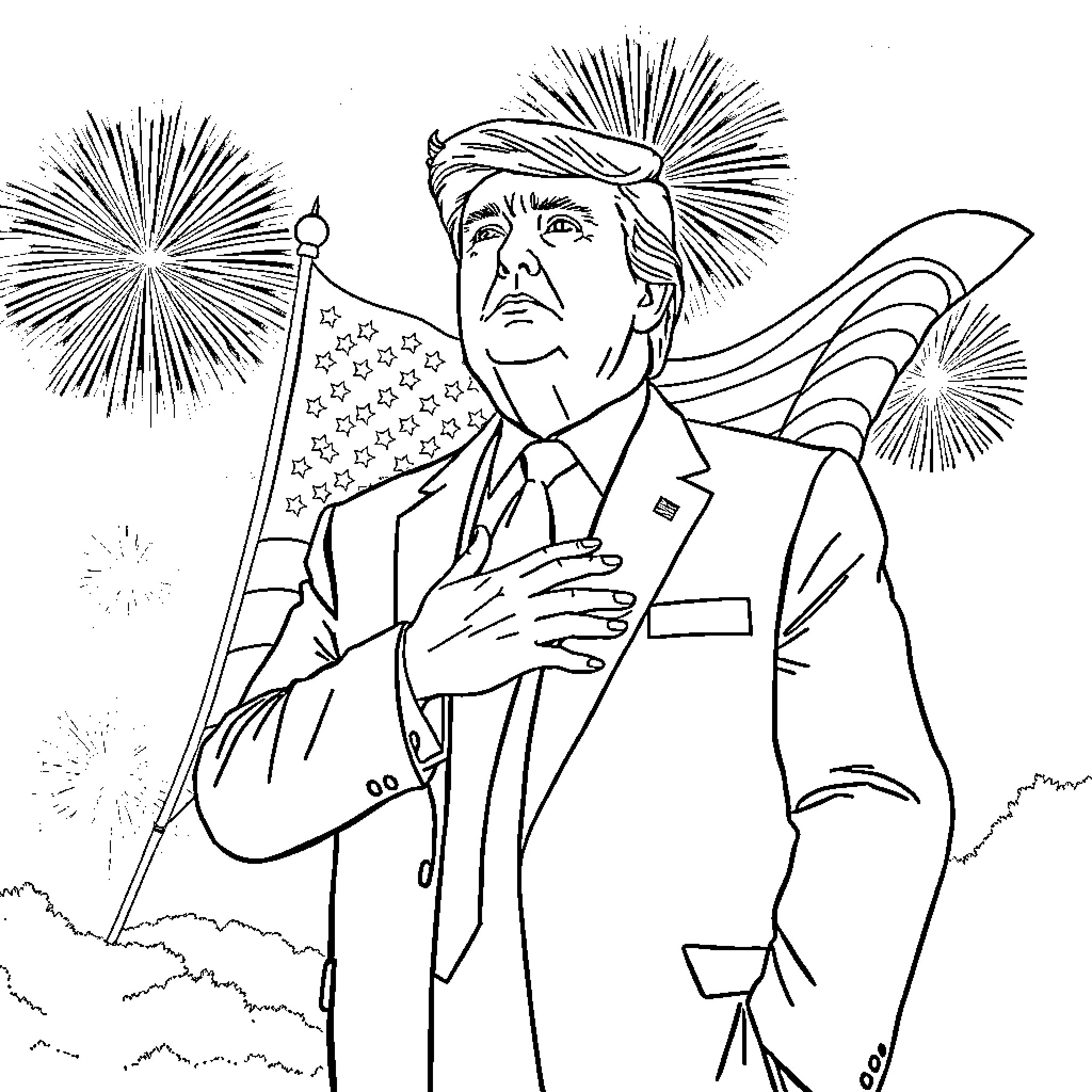 Donald Trump Celebrating with Patriotic Fireworks Coloring Page (free black-and-white line drawing printable PDF for all, from beginners to advanced learners, including children, teens, adults, and seniors)