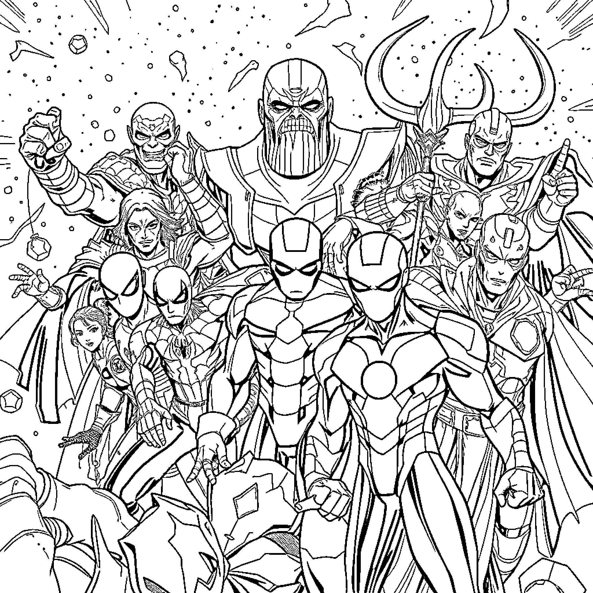 Marvel Superheroes in Dynamic Poses and Expressions Coloring Page (free black-and-white line drawing printable PDF for all, from beginners to advanced learners, including children, teens, adults, and seniors)