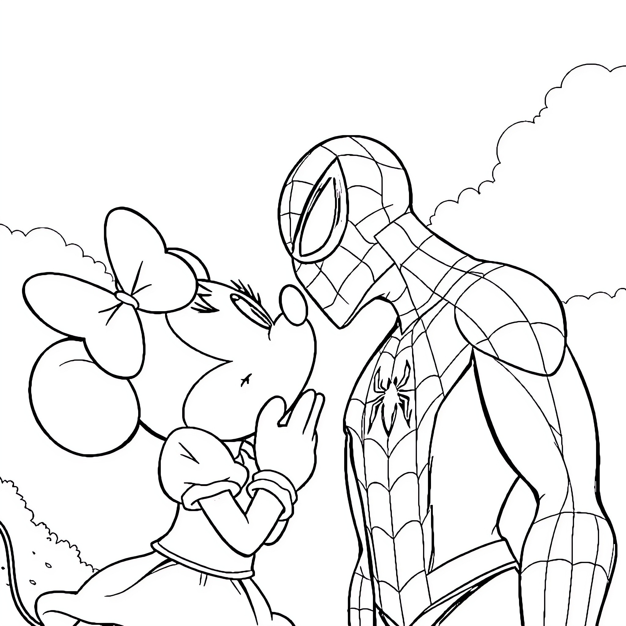 Minnie and Spiderman enjoying the outdoors Coloring Page (free black-and-white line drawing printable PDF for all, from beginners to advanced learners, including children, teens, adults, and seniors)