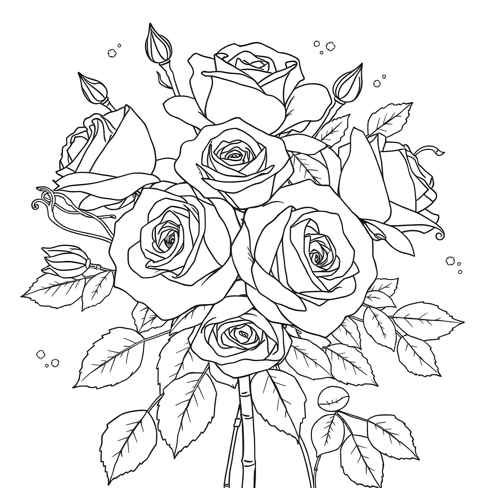Rose Bouquet with Intricate Floral Details Coloring Page (free black-and-white line drawing printable PDF for all, from beginners to advanced learners, including children, teens, adults, and seniors)