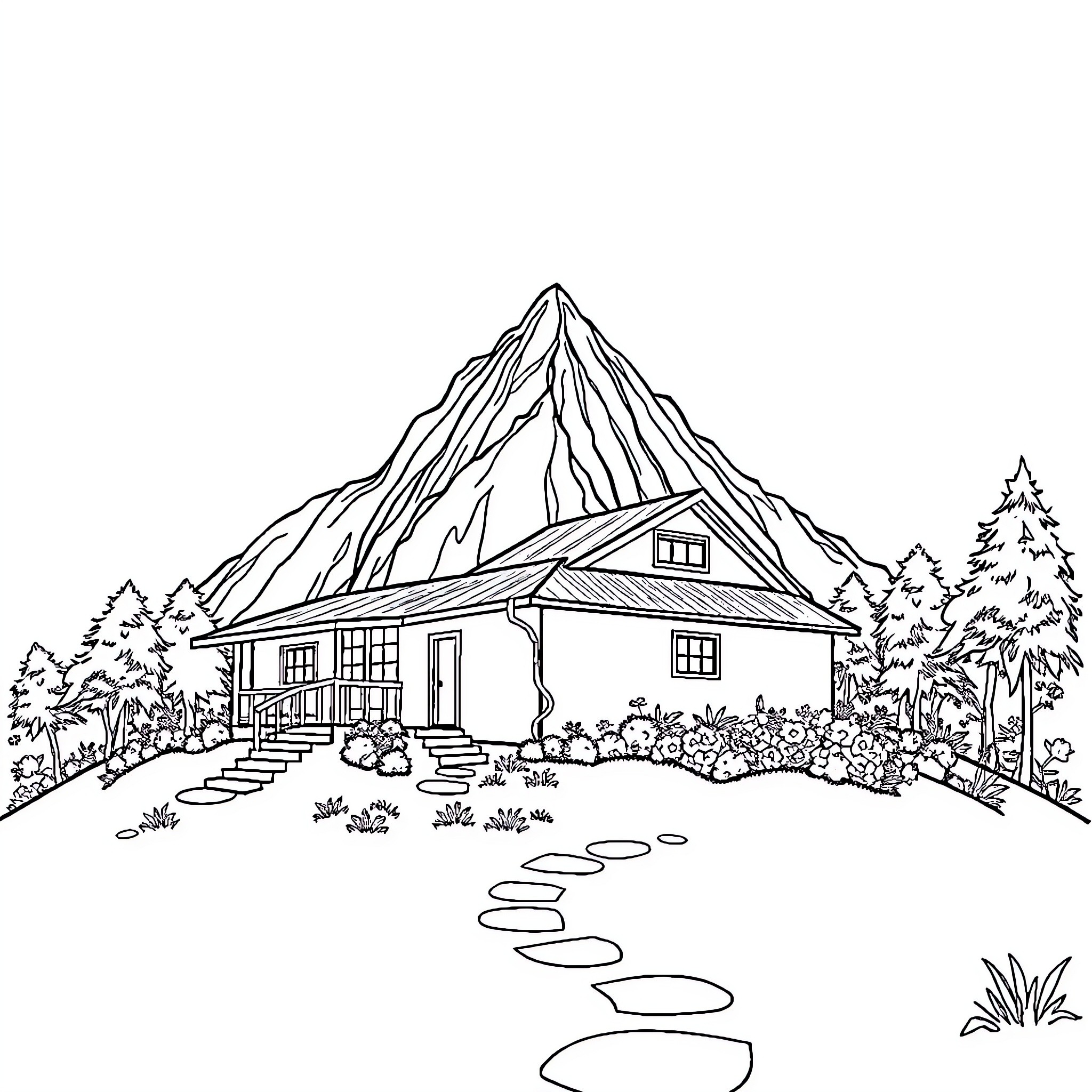 House in front of majestic mountain landscape Coloring Page (free black-and-white line drawing printable PDF for all, from beginners to advanced learners, including children, teens, adults, and seniors)