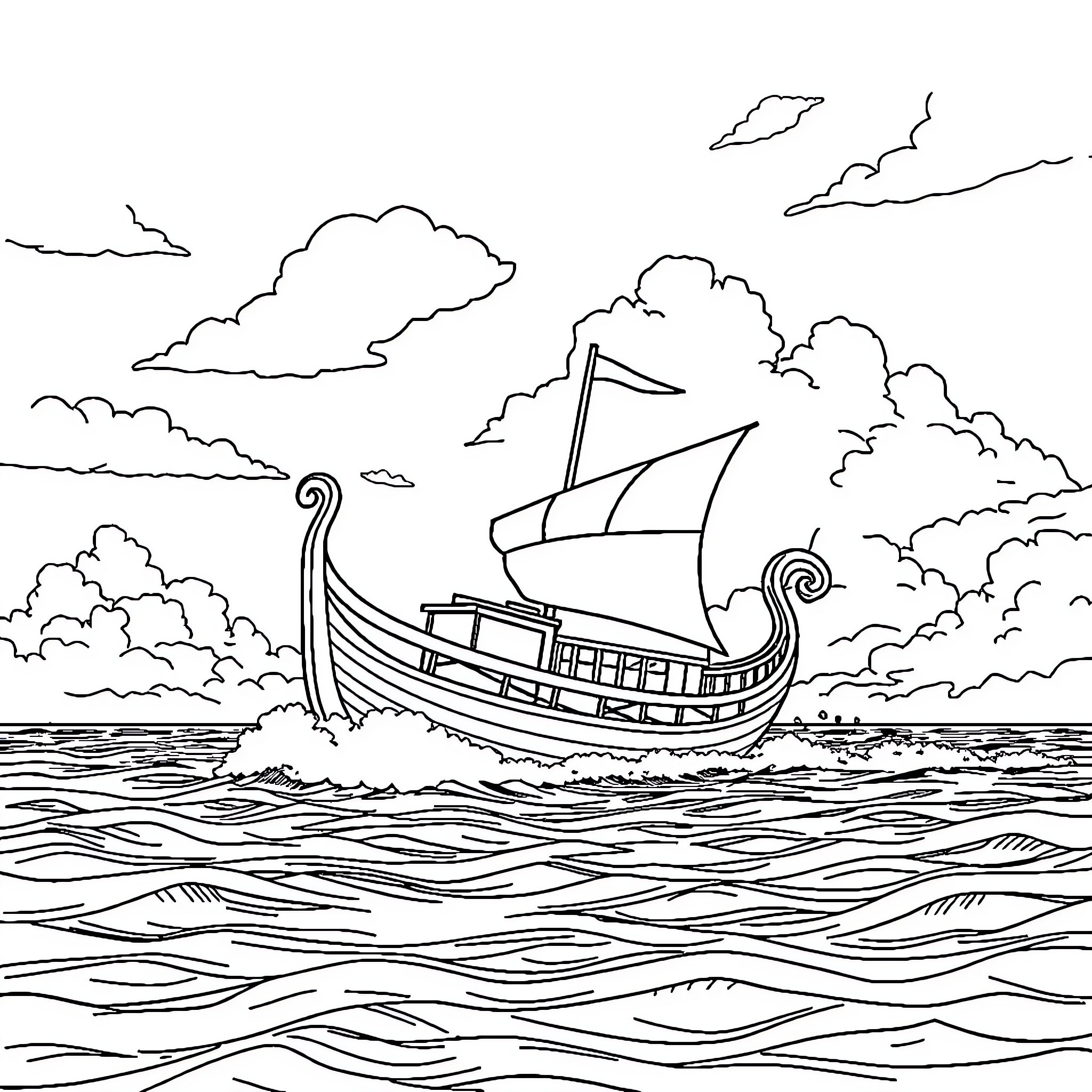 Barco sailing through stormy waves under cloudy sky Coloring Page (free black-and-white line drawing printable PDF for all, from beginners to advanced learners, including children, teens, adults, and seniors)