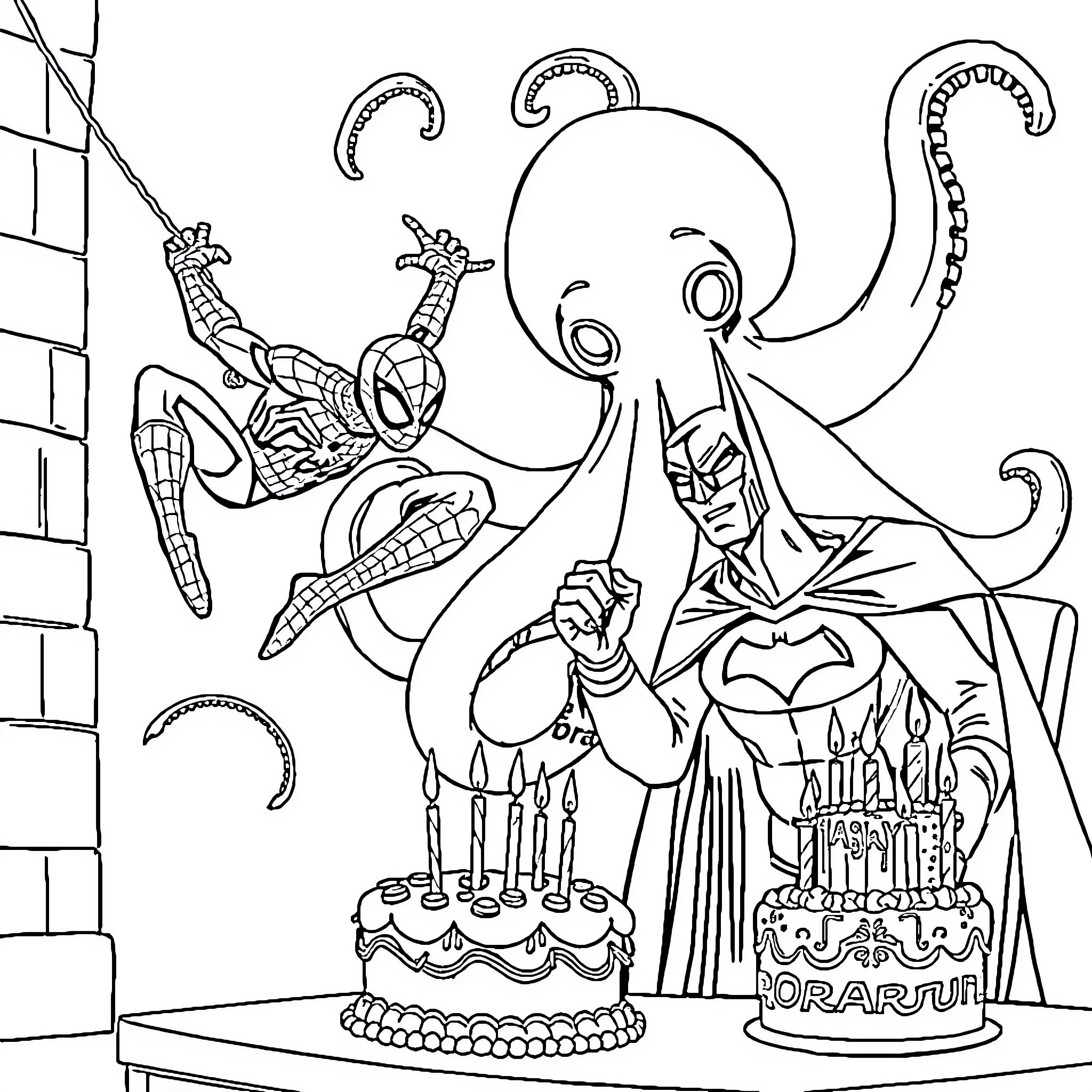 Spiderman's Birthday Celebration with Villainous Guests Coloring Page (free black-and-white line drawing printable PDF for all, from beginners to advanced learners, including children, teens, adults, and seniors)