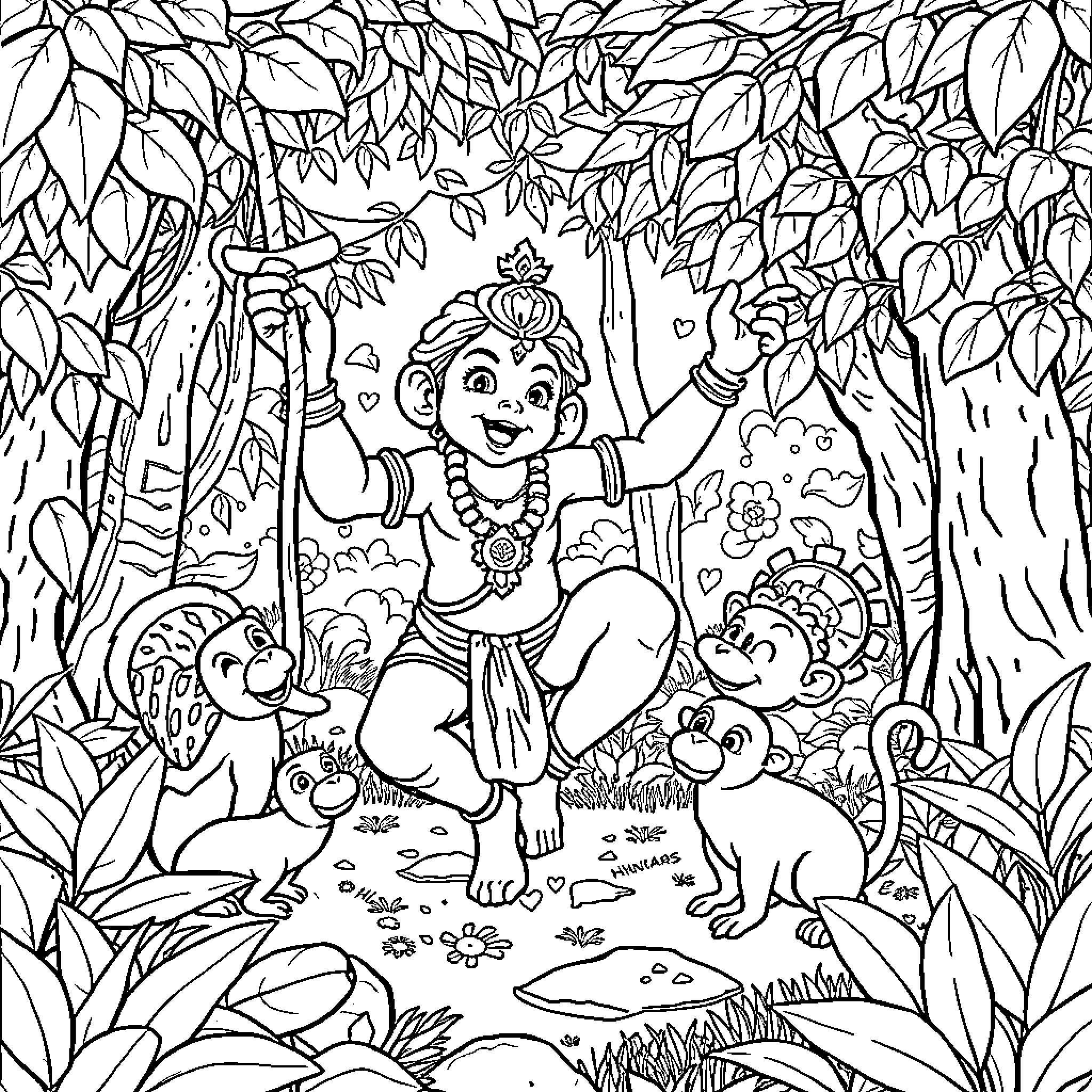 Hanuman enjoying nature with animal friends Coloring Page (free black-and-white line drawing printable PDF for all, from beginners to advanced learners, including children, teens, adults, and seniors)