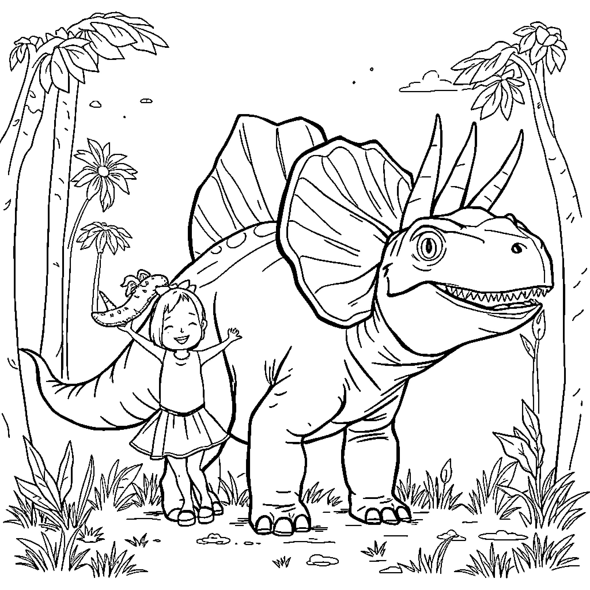 Triceratops and a child explore the prehistoric landscape Coloring Page (free black-and-white line drawing printable PDF for all, from beginners to advanced learners, including children, teens, adults, and seniors)