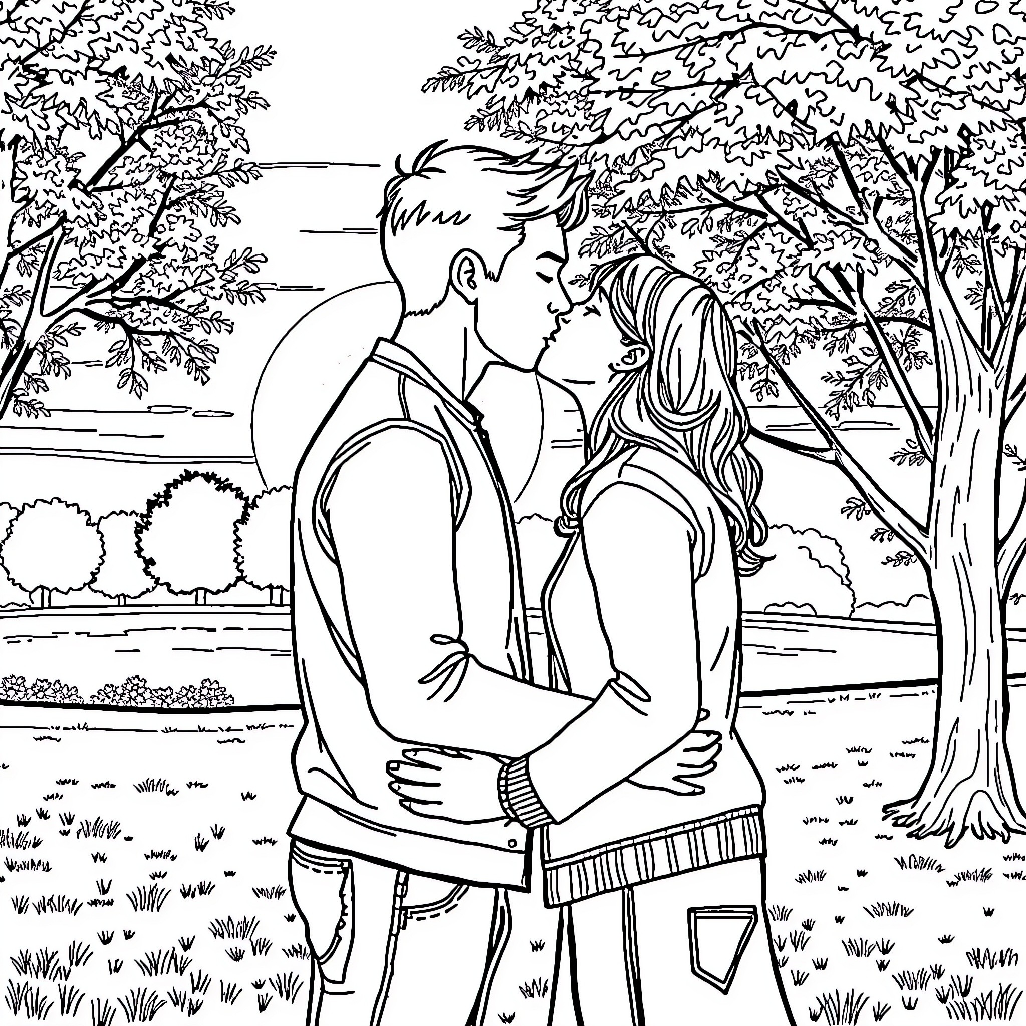 Couple in a romantic embrace in nature Coloring Page (free black-and-white line drawing printable PDF for all, from beginners to advanced learners, including children, teens, adults, and seniors)