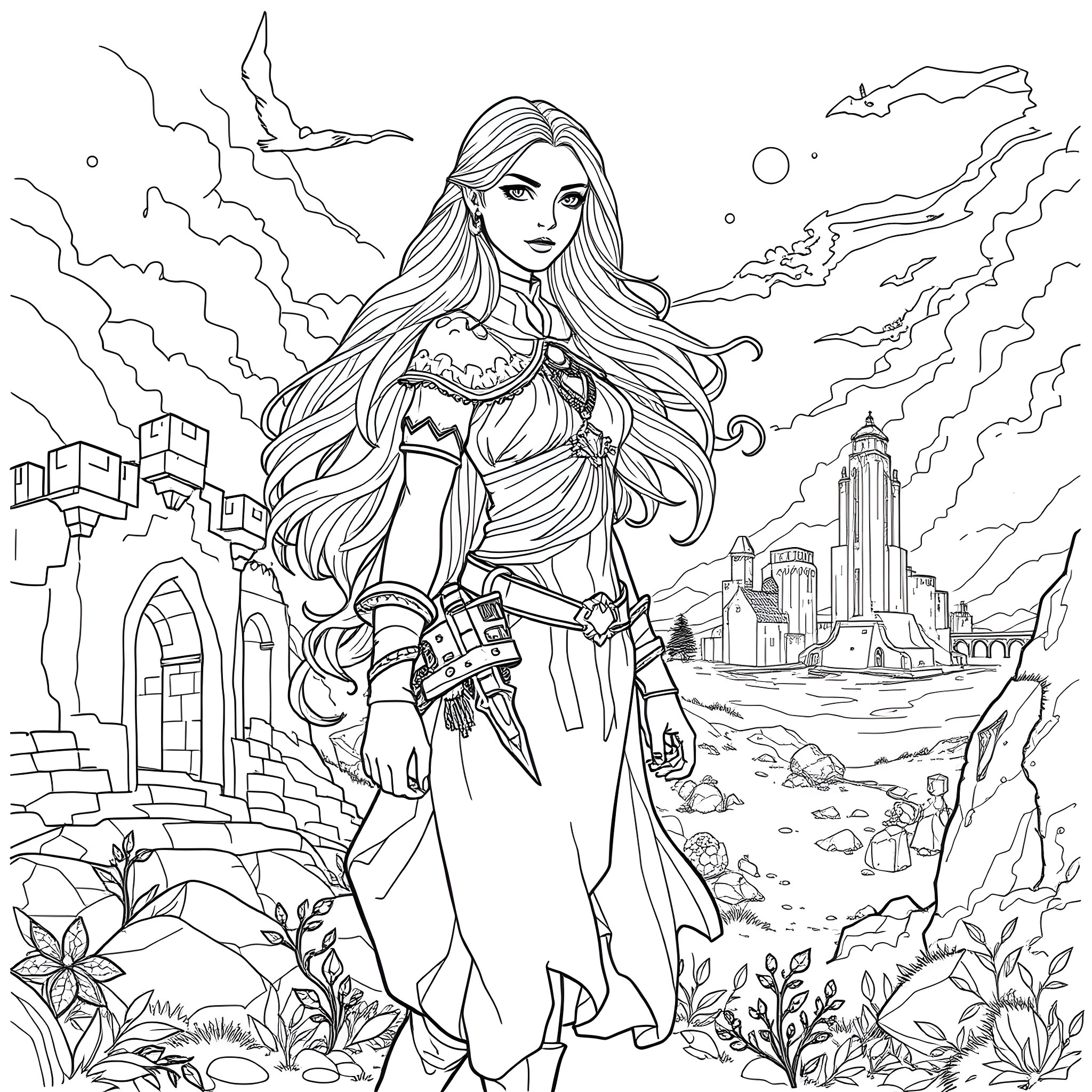 Terra's Warrior Princess Braving the Enchanted Landscape Coloring Page (free black-and-white line drawing printable PDF for all, from beginners to advanced learners, including children, teens, adults, and seniors)