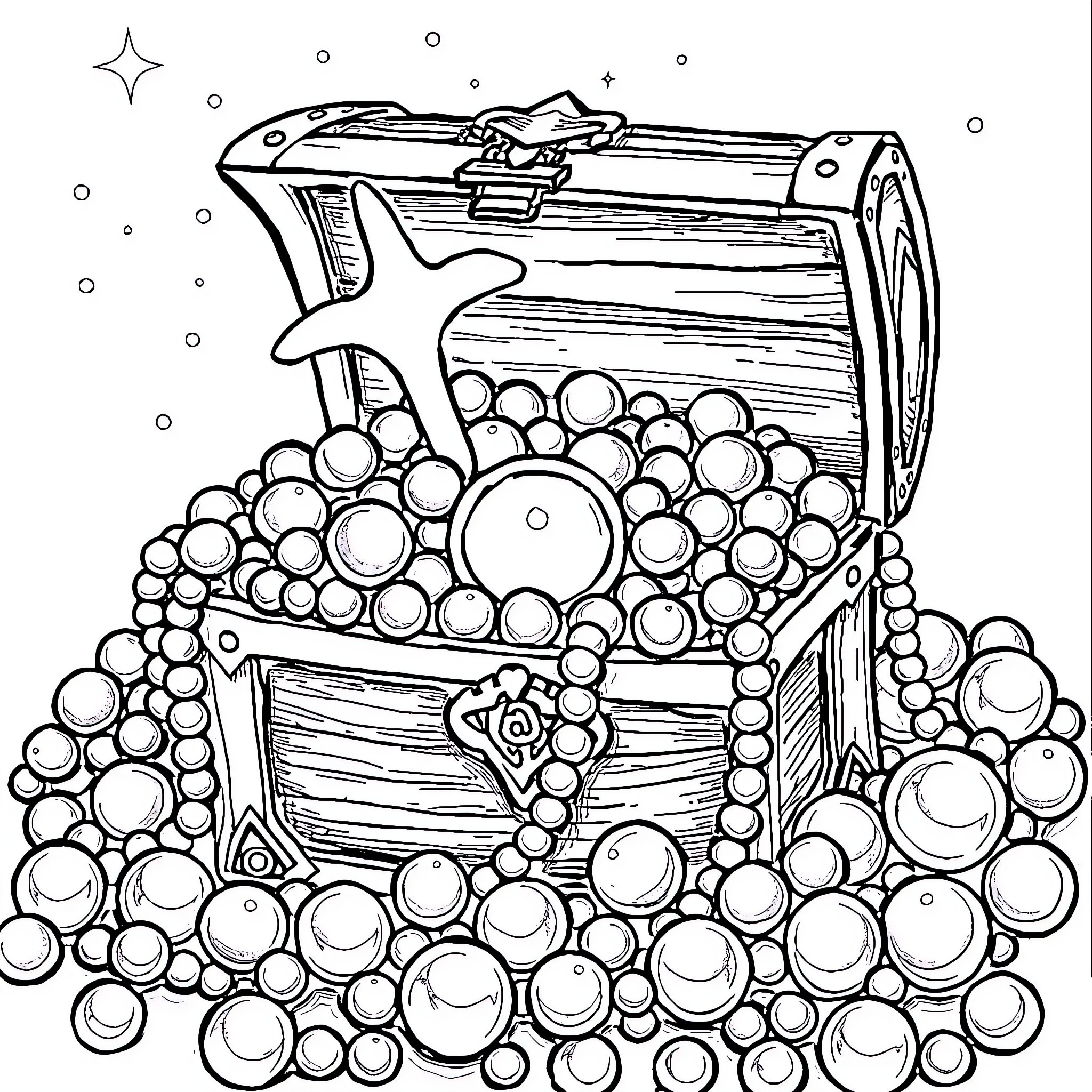 Treasure Chest Filled with Shimmering Gems and Riches Coloring Page (free black-and-white line drawing printable PDF for all, from beginners to advanced learners, including children, teens, adults, and seniors)