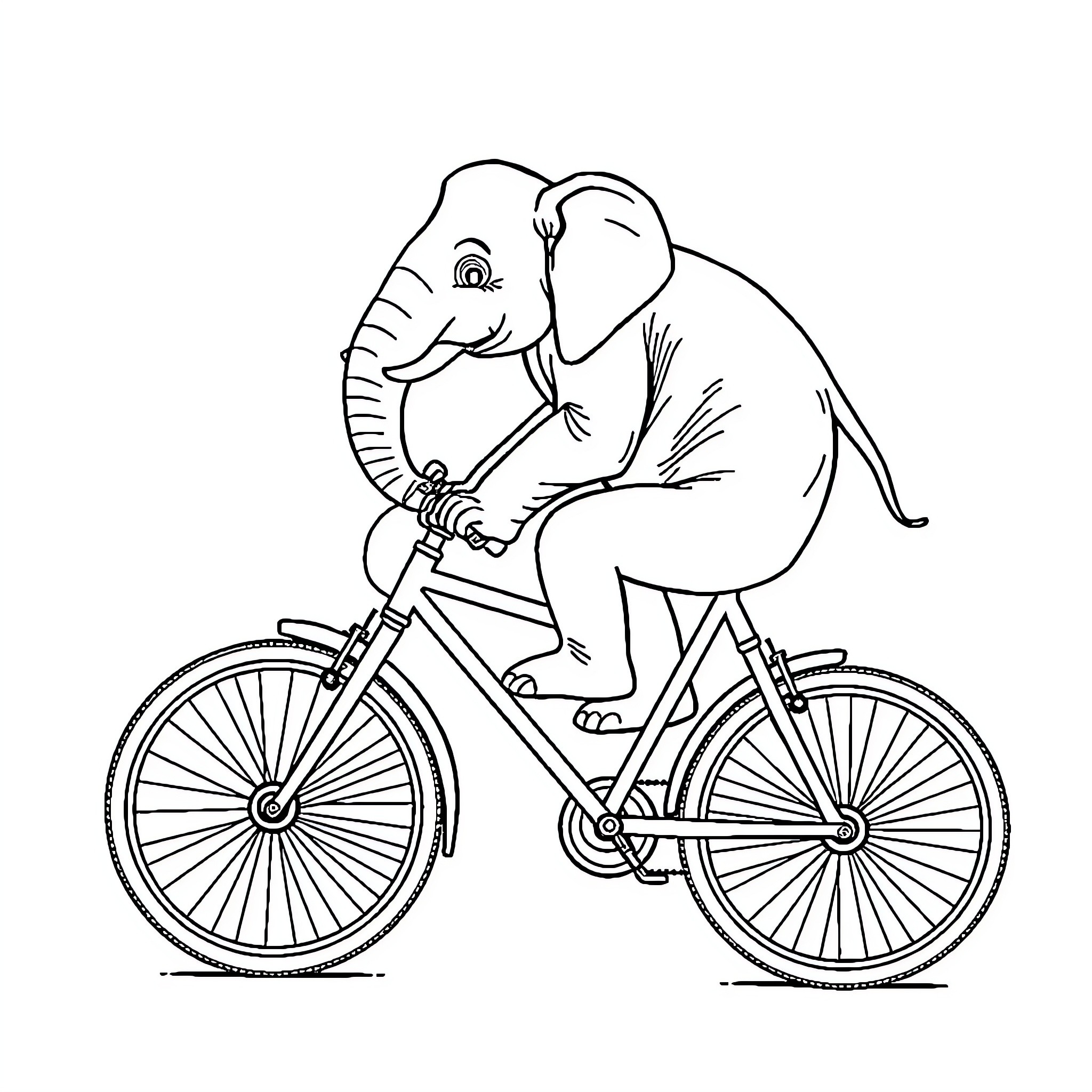 Elephant riding a bicycle Coloring Page (free black-and-white line drawing printable PDF for all, from beginners to advanced learners, including children, teens, adults, and seniors)