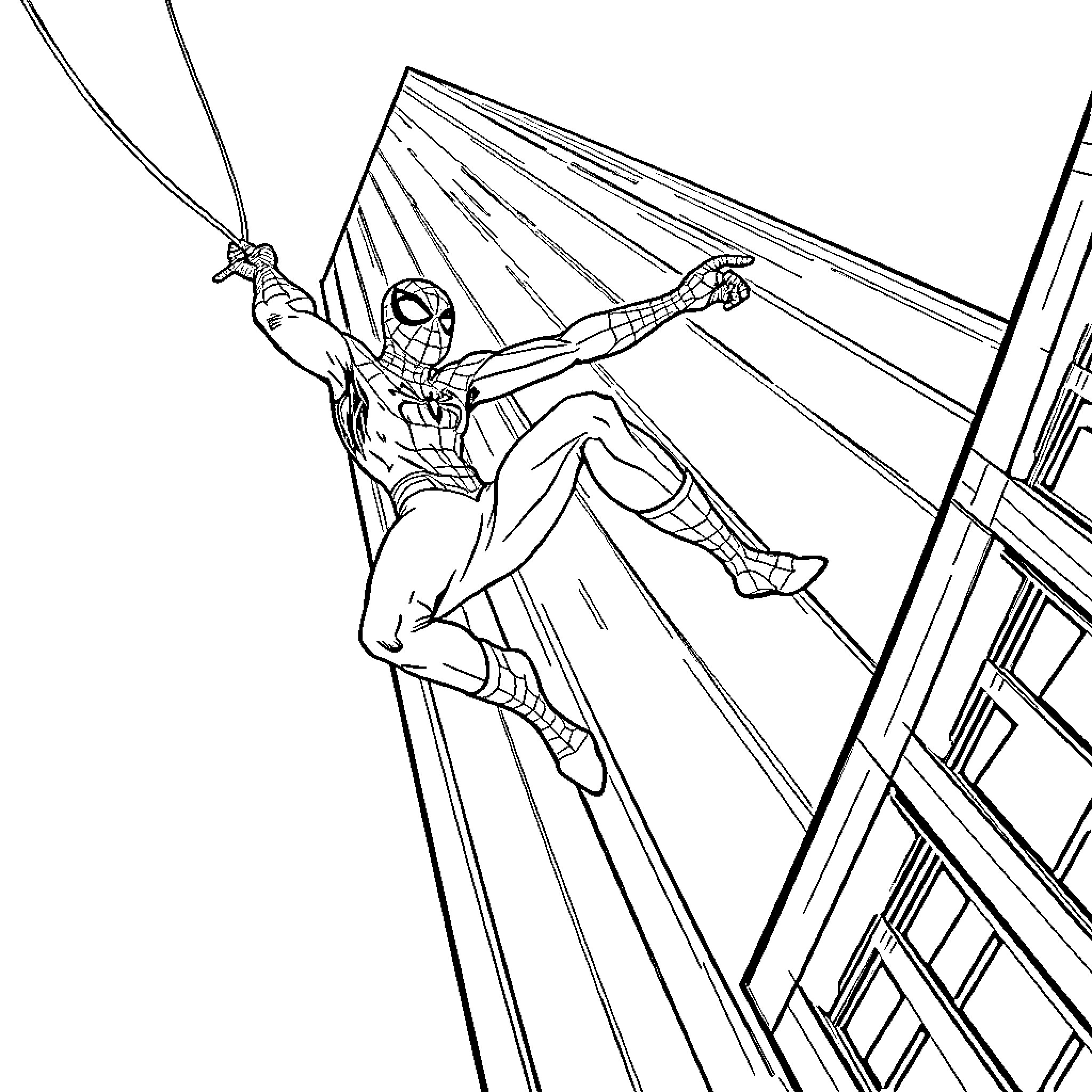 Spiderman swinging into action on the city skyline Coloring Page (free black-and-white line drawing printable PDF for all, from beginners to advanced learners, including children, teens, adults, and seniors)