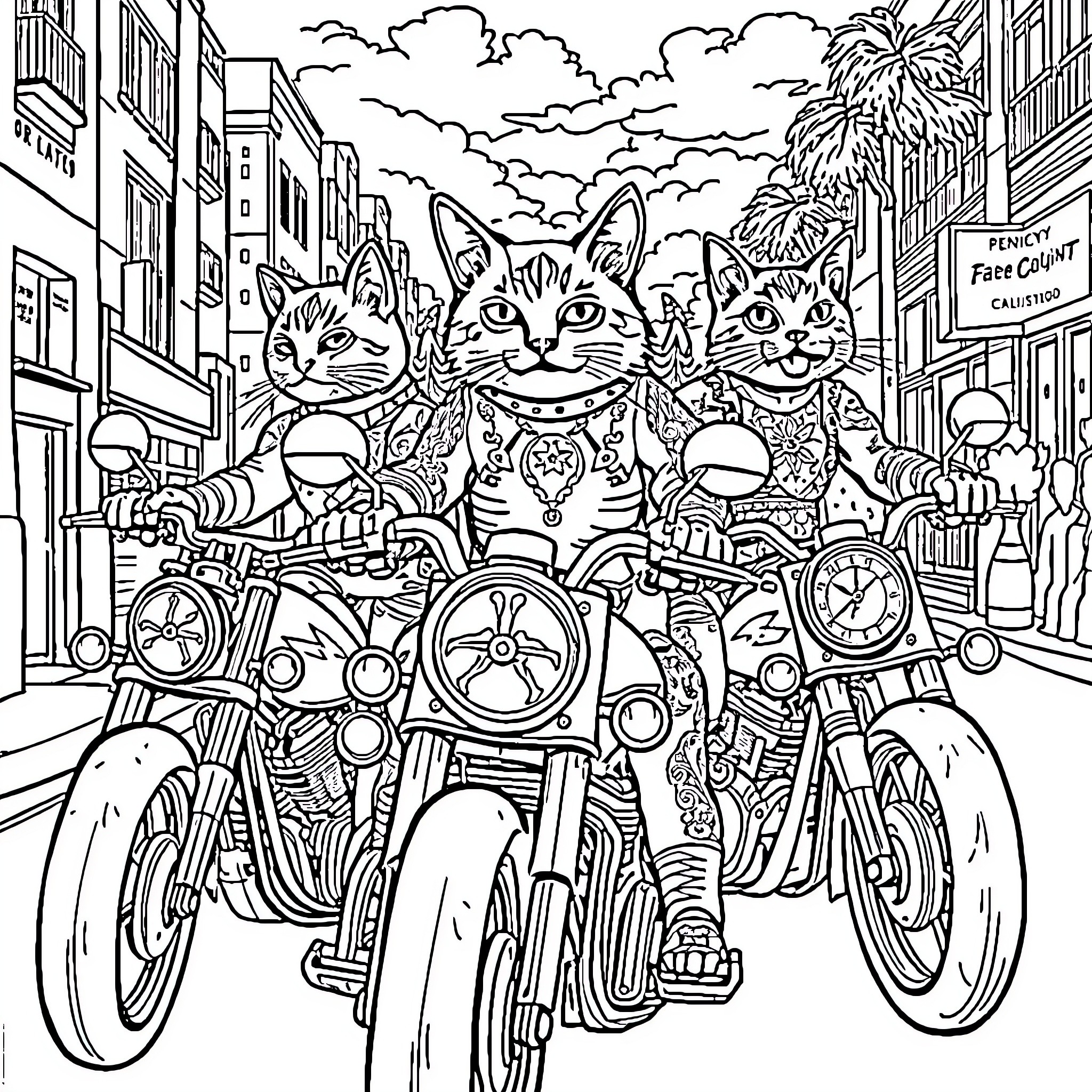 Cat Biker Crew Riding Motorcycles Down the Street Coloring Page (free black-and-white line drawing printable PDF for all, from beginners to advanced learners, including children, teens, adults, and seniors)