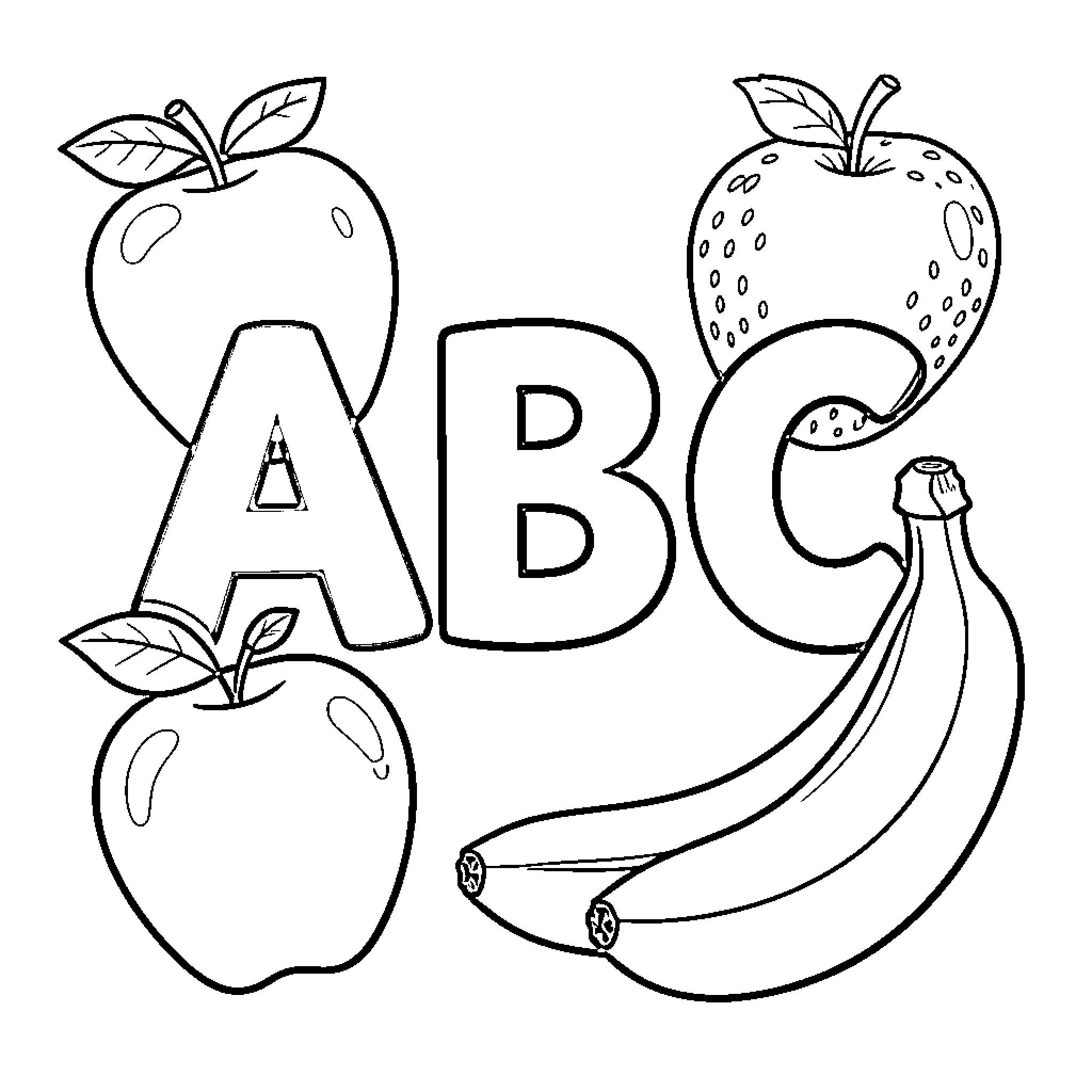 Fruit ABC Coloring Puzzle Coloring Page (free black-and-white line drawing printable PDF for all, from beginners to advanced learners, including children, teens, adults, and seniors)