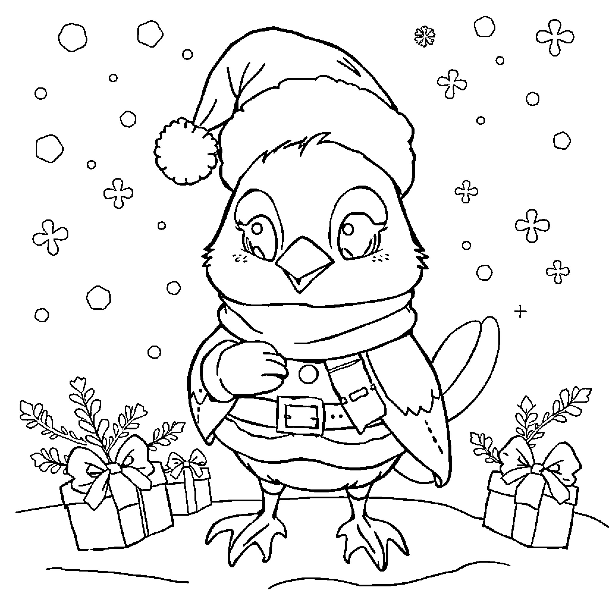Paw Patrol Chick with Christmas Gifts and Snowflakes Coloring Page (free black-and-white line drawing printable PDF for all, from beginners to advanced learners, including children, teens, adults, and seniors)