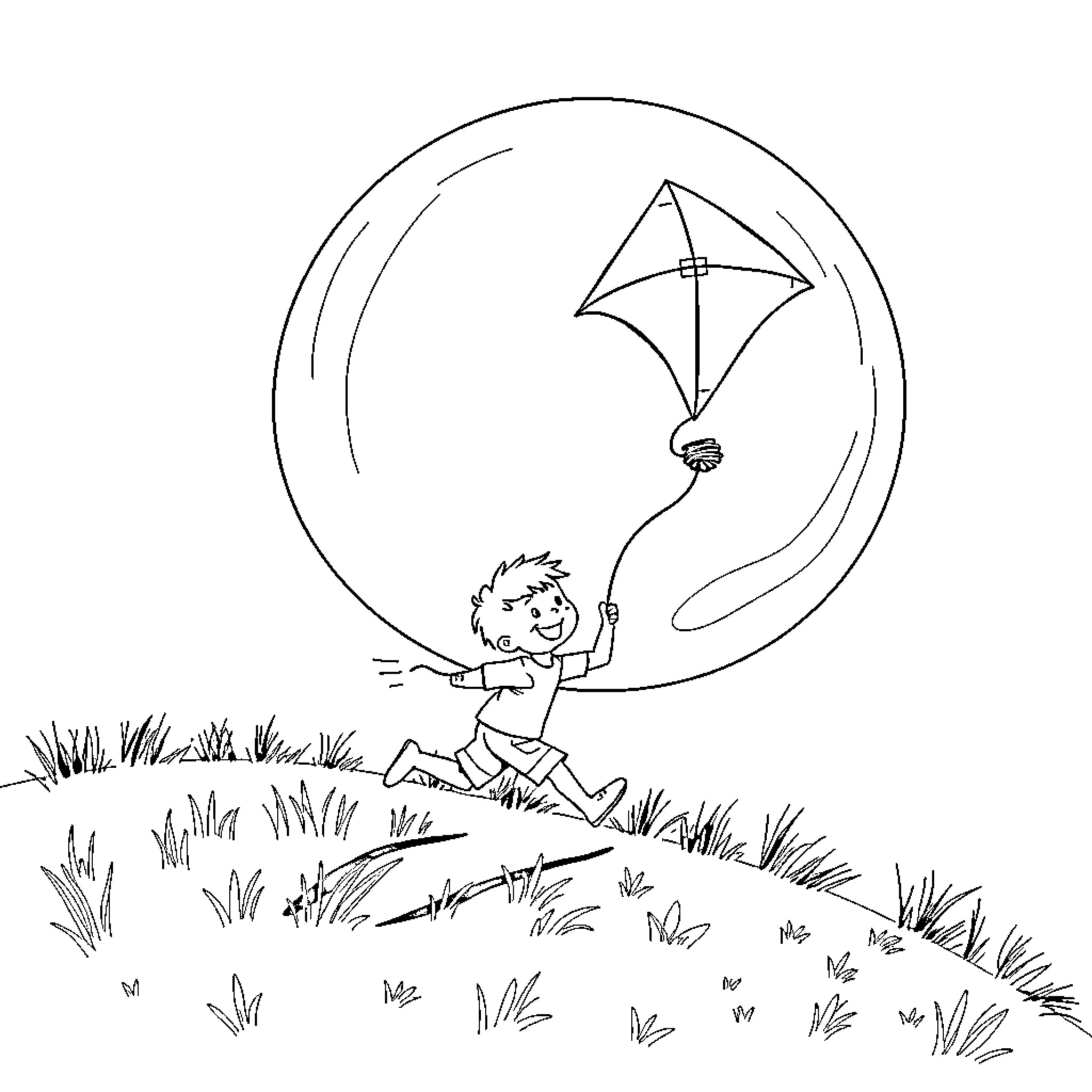 Kid flying kite on a grassy field Coloring Page (free black-and-white line drawing printable PDF for all, from beginners to advanced learners, including children, teens, adults, and seniors)