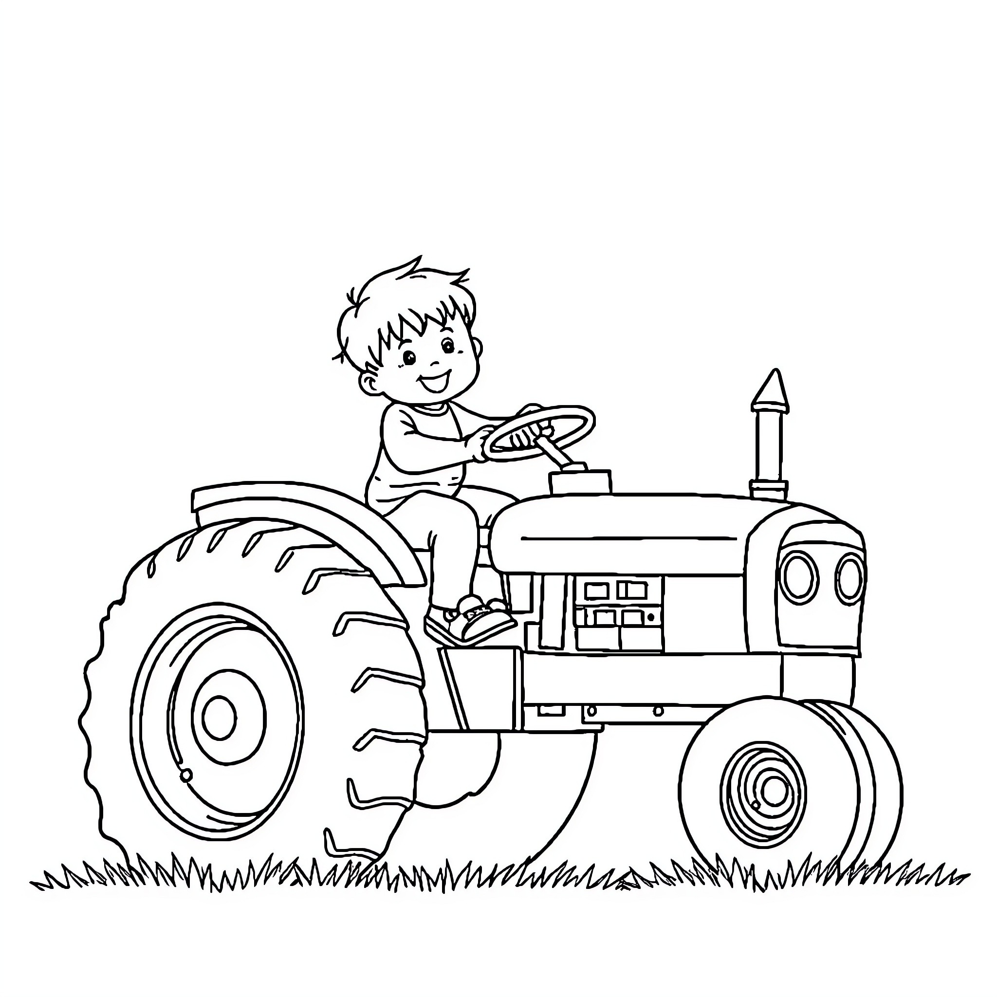 Child riding a tractor in the countryside Coloring Page (free black-and-white line drawing printable PDF for all, from beginners to advanced learners, including children, teens, adults, and seniors)