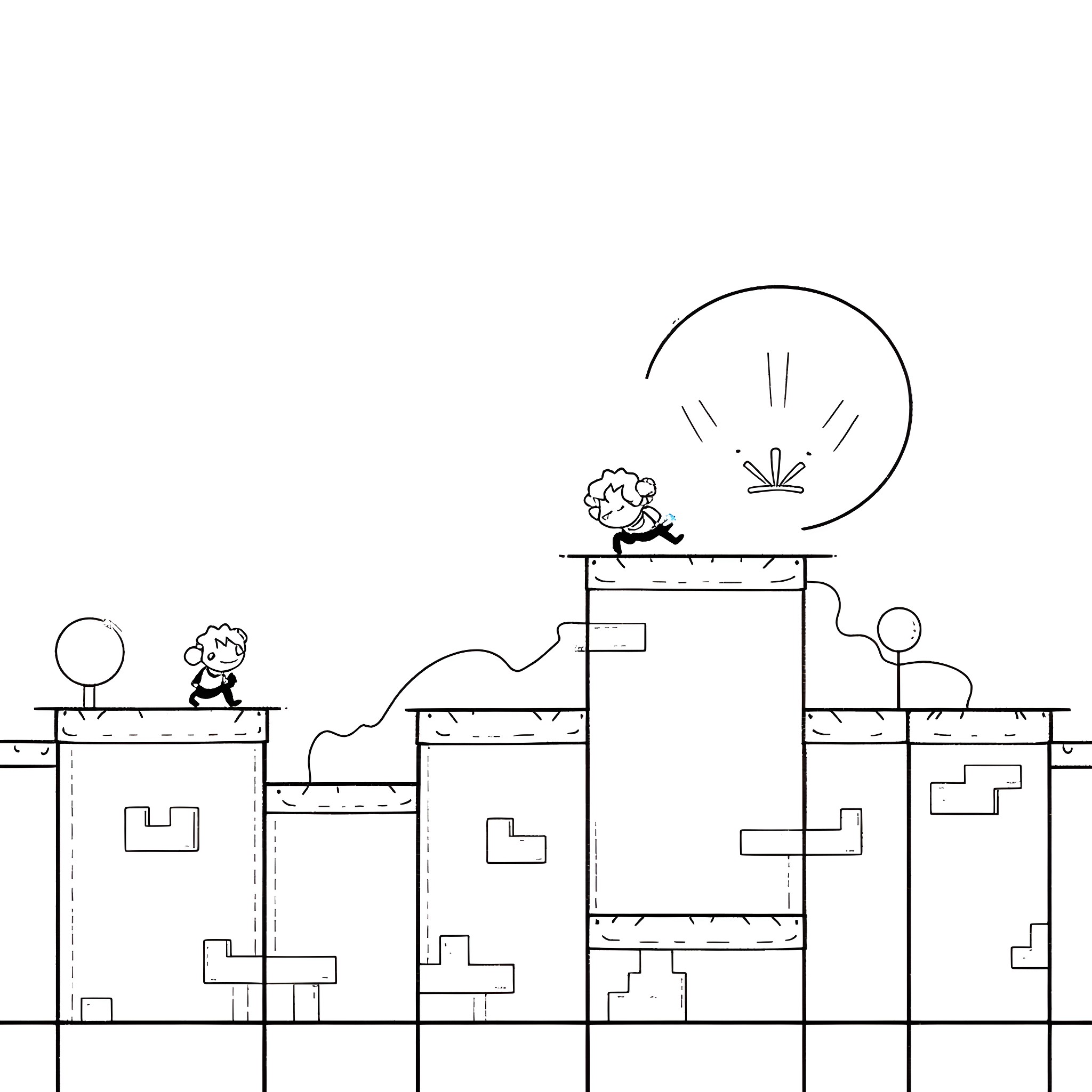 Geometry Dash characters jumping over obstacles Coloring Page (free black-and-white line drawing printable PDF for all, from beginners to advanced learners, including children, teens, adults, and seniors)