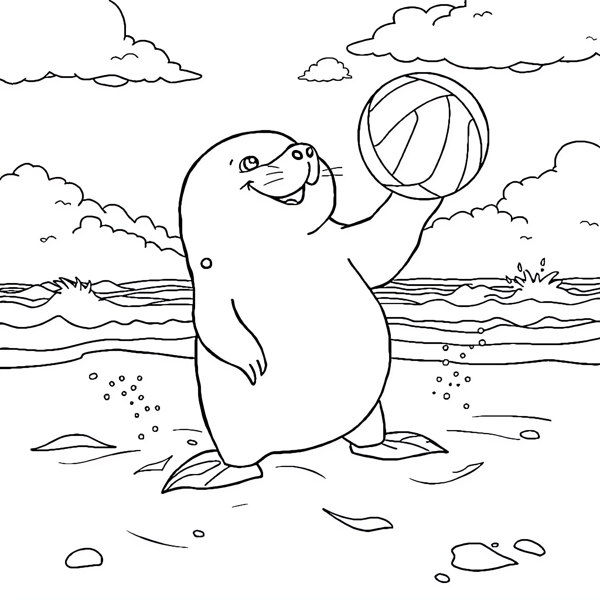 Guinea Pig Playing Happily with Beach Ball Coloring Page (free black-and-white line drawing printable PDF for all, from beginners to advanced learners, including children, teens, adults, and seniors)