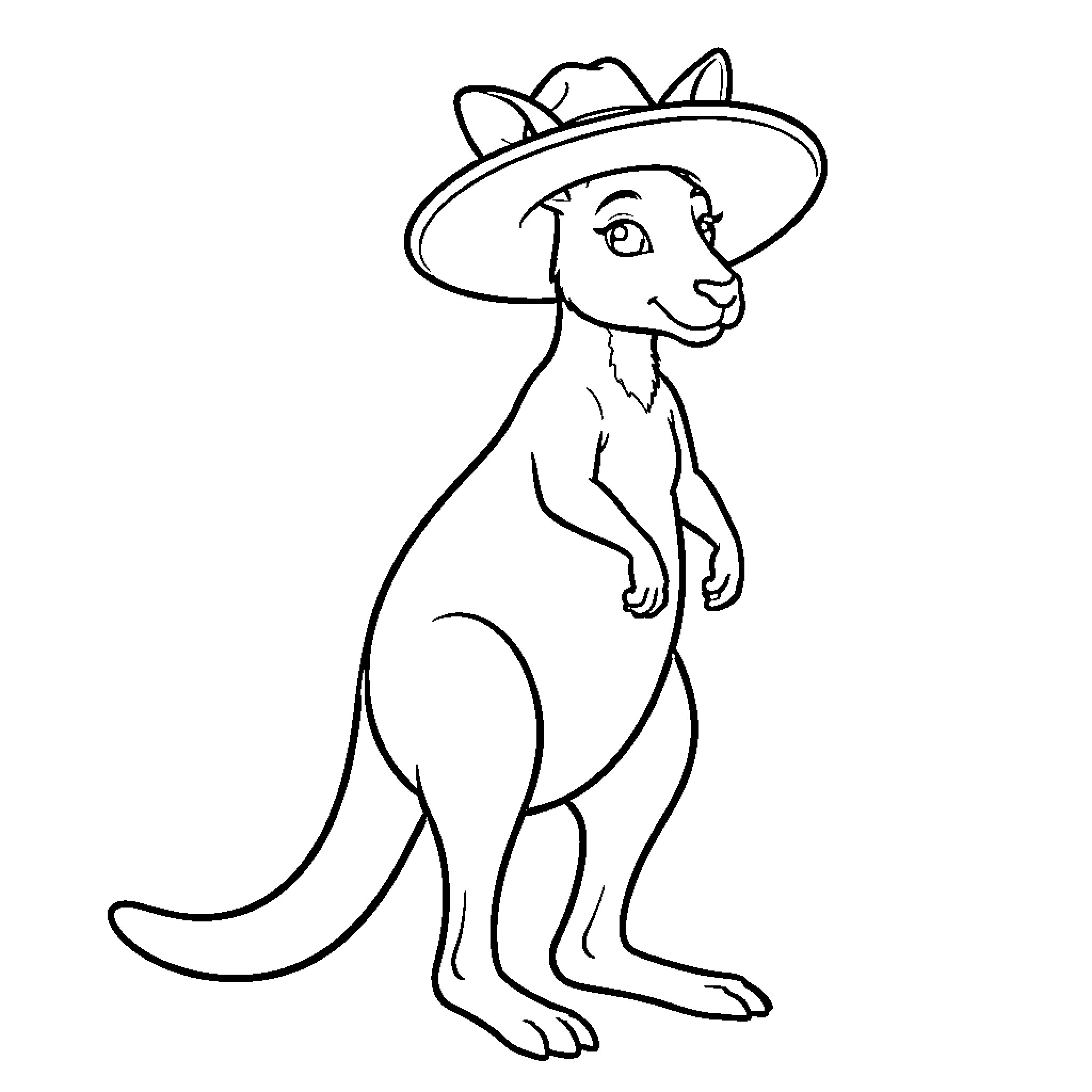 Kangaroo wearing a stylish sun hat and smiling Coloring Page (free black-and-white line drawing printable PDF for all, from beginners to advanced learners, including children, teens, adults, and seniors)