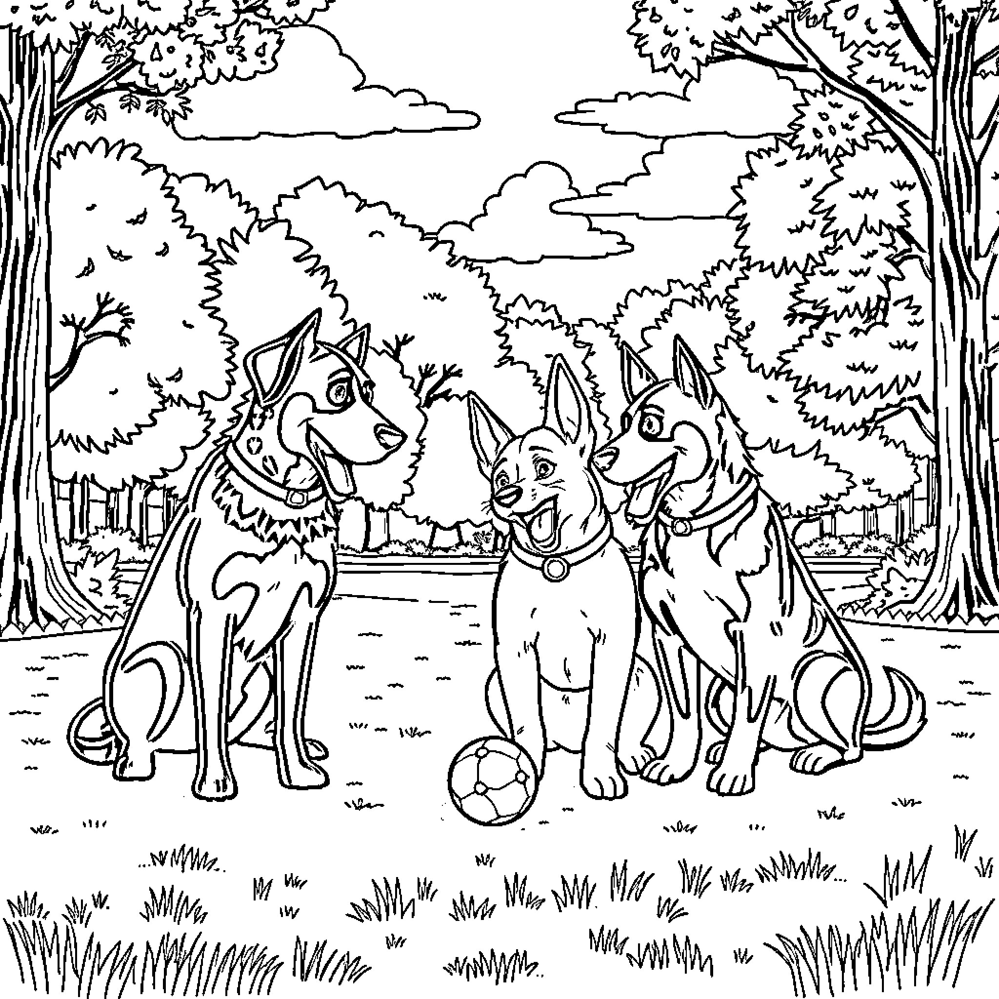 Paw Patrol pups explore the forest Coloring Page (free black-and-white line drawing printable PDF for all, from beginners to advanced learners, including children, teens, adults, and seniors)