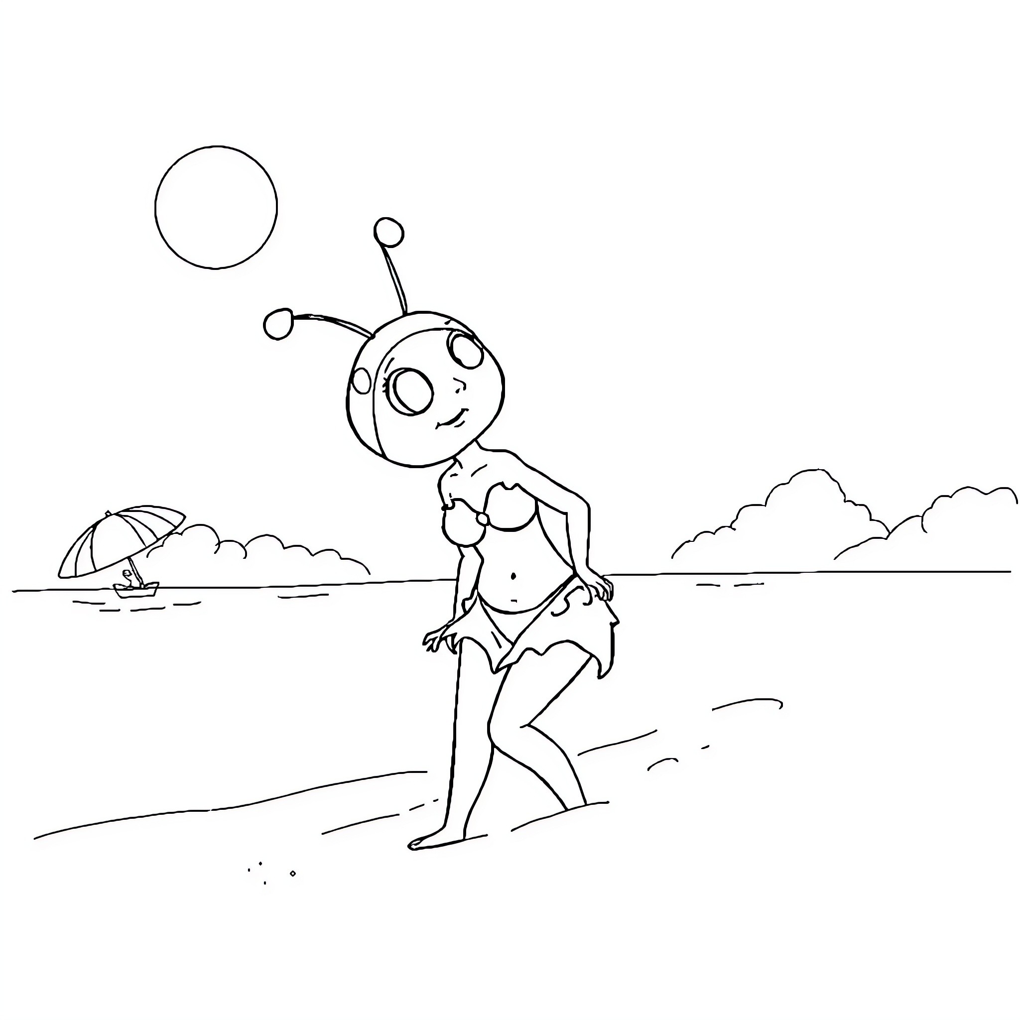 Ladybug enjoying a sunny day at the beach Coloring Page (free black-and-white line drawing printable PDF for all, from beginners to advanced learners, including children, teens, adults, and seniors)
