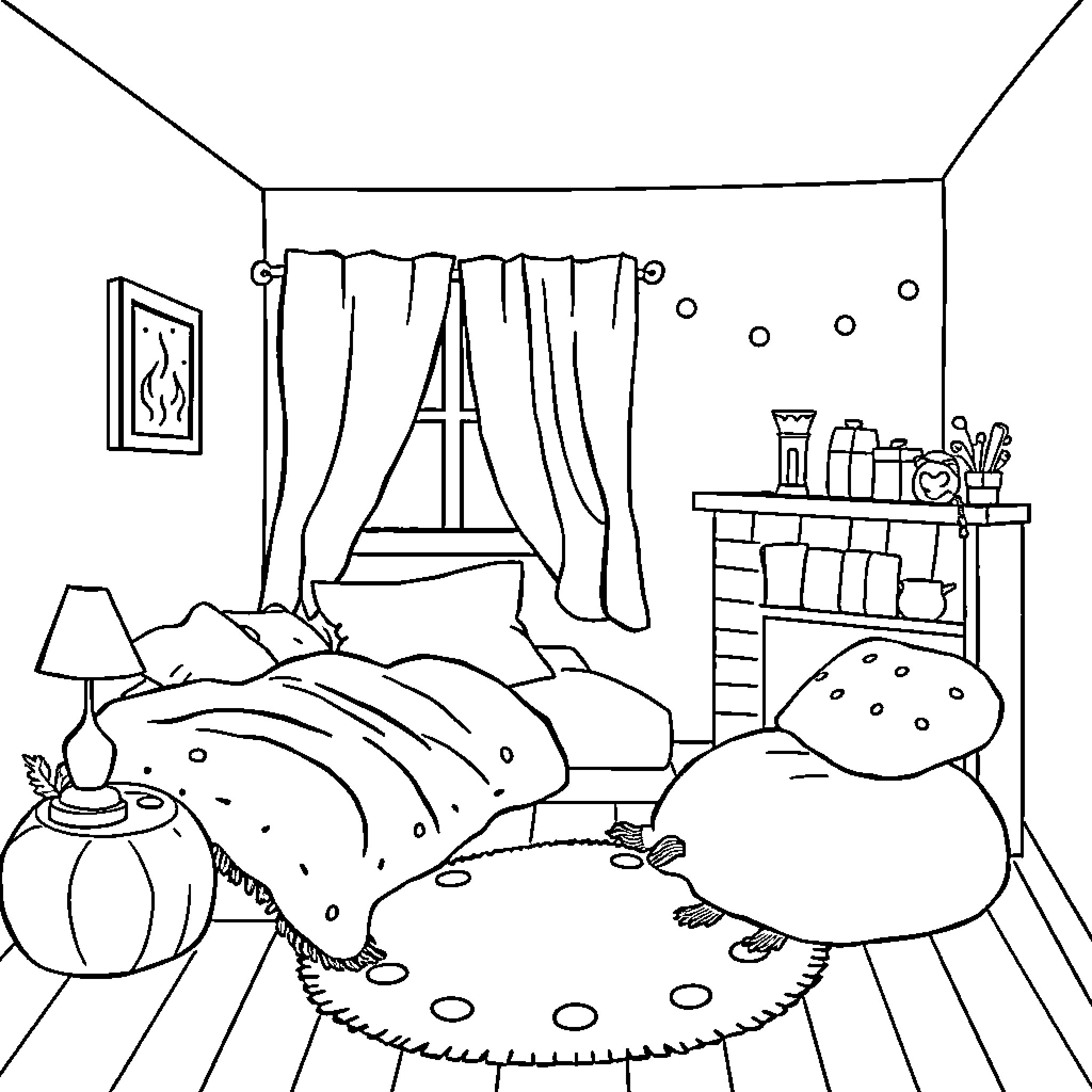 Style of Cozy Winter Bedroom Interior Coloring Page (free black-and-white line drawing printable PDF for all, from beginners to advanced learners, including children, teens, adults, and seniors)