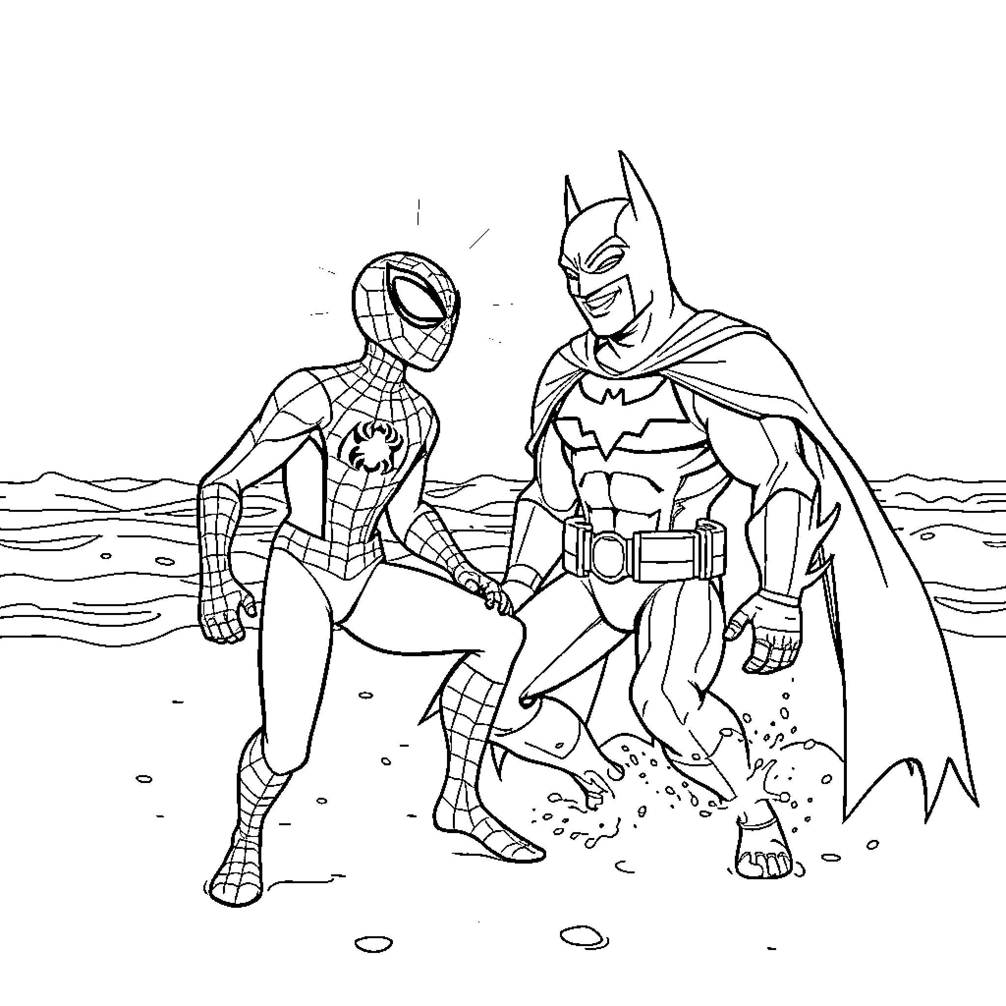Spiderman and Batman walking together on a beach Coloring Page (free black-and-white line drawing printable PDF for all, from beginners to advanced learners, including children, teens, adults, and seniors)