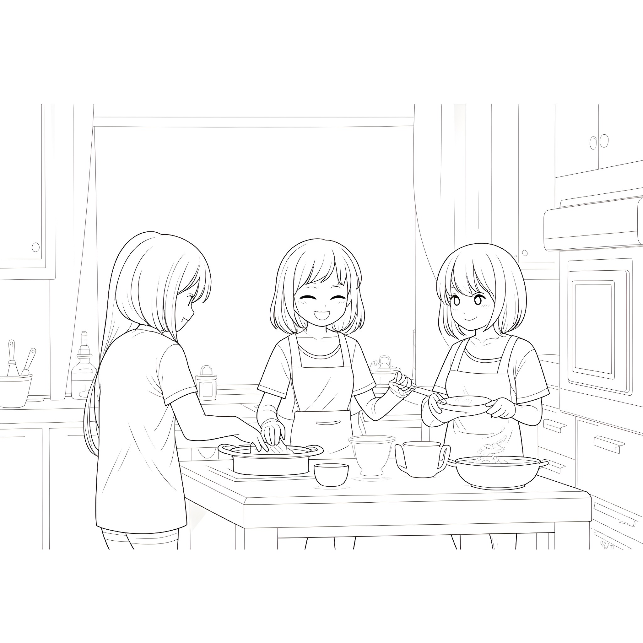 Anime girls cooking happily in the kitchen Coloring Page (free black-and-white line drawing printable PDF for all, from beginners to advanced learners, including children, teens, adults, and seniors)