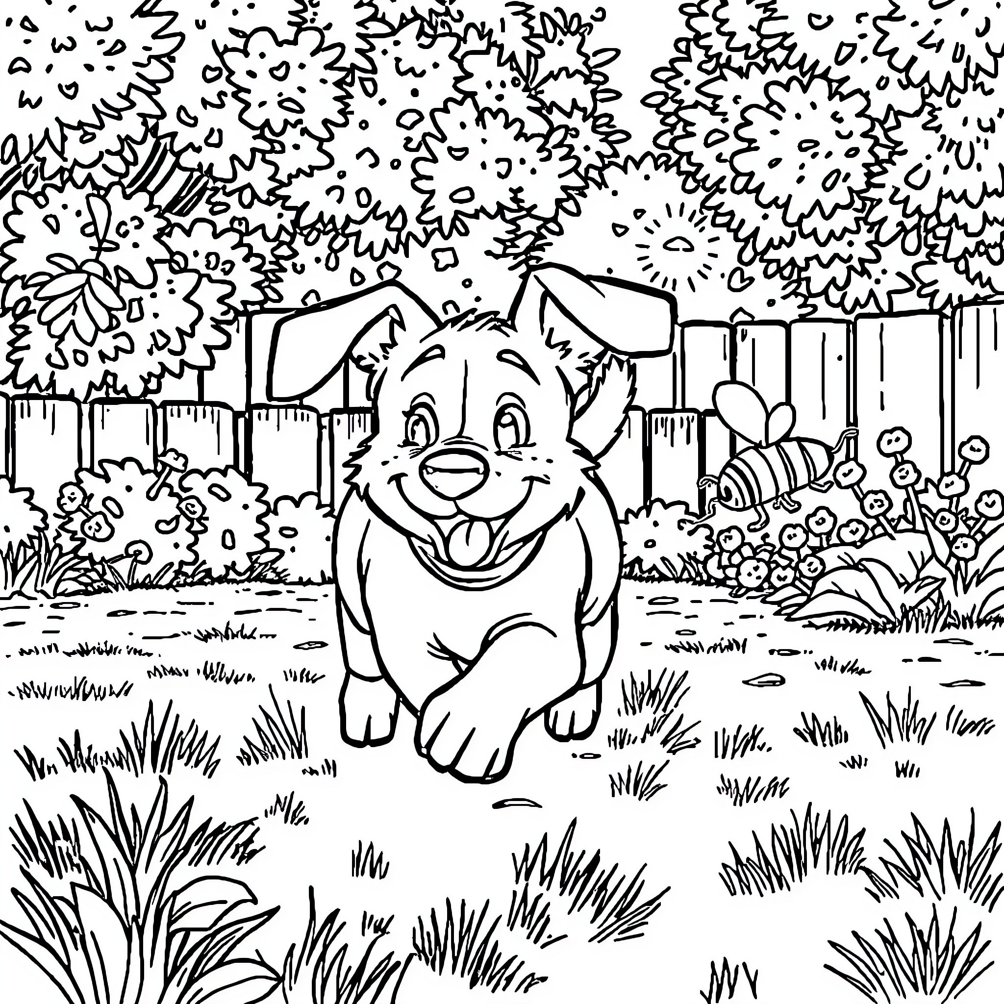 Dog playing joyfully in a garden Coloring Page (free black-and-white line drawing printable PDF for all, from beginners to advanced learners, including children, teens, adults, and seniors)