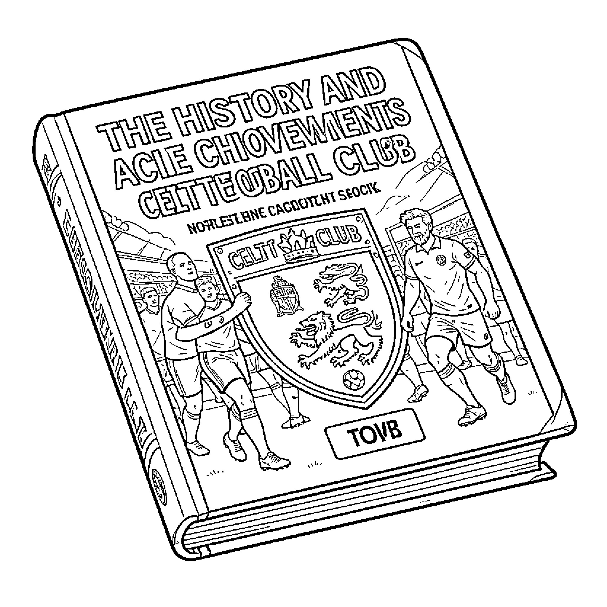 Book featuring soccer players and a team emblem Coloring Page (free black-and-white line drawing printable PDF for all, from beginners to advanced learners, including children, teens, adults, and seniors)