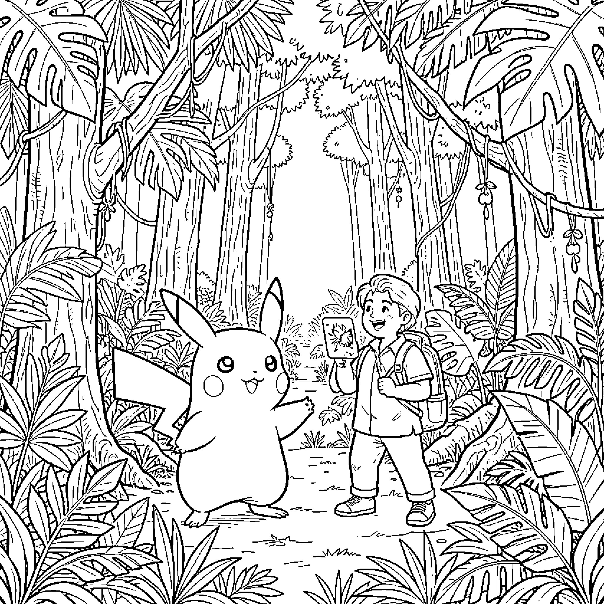Pikachu meeting a young explorer in a lush jungle Coloring Page (free black-and-white line drawing printable PDF for all, from beginners to advanced learners, including children, teens, adults, and seniors)
