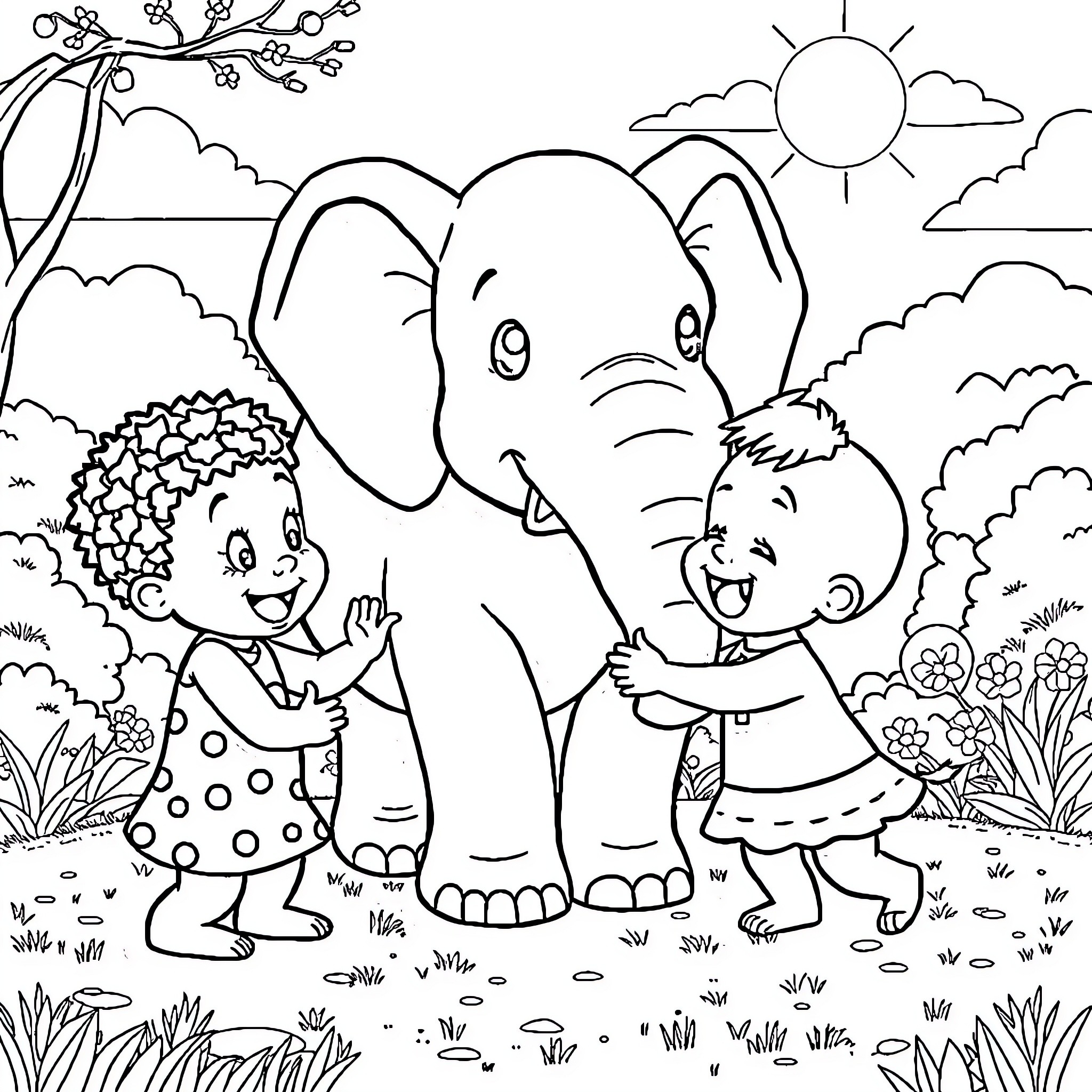 Upin Ipin Frolicking with Adorable Elephants Coloring Page (free black-and-white line drawing printable PDF for all, from beginners to advanced learners, including children, teens, adults, and seniors)
