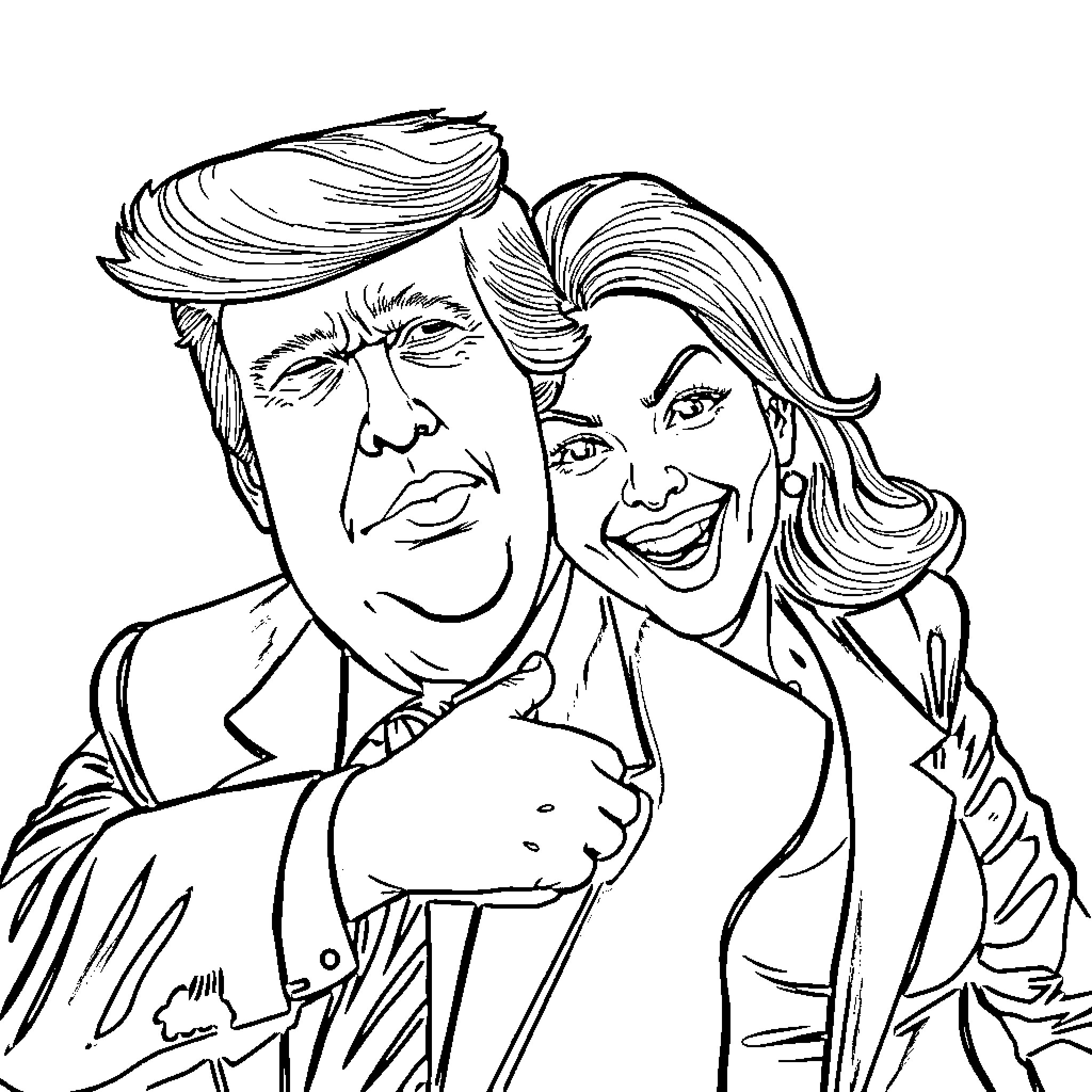 Donald Trump and Woman in Animated Stylization Coloring Page (free black-and-white line drawing printable PDF for all, from beginners to advanced learners, including children, teens, adults, and seniors)