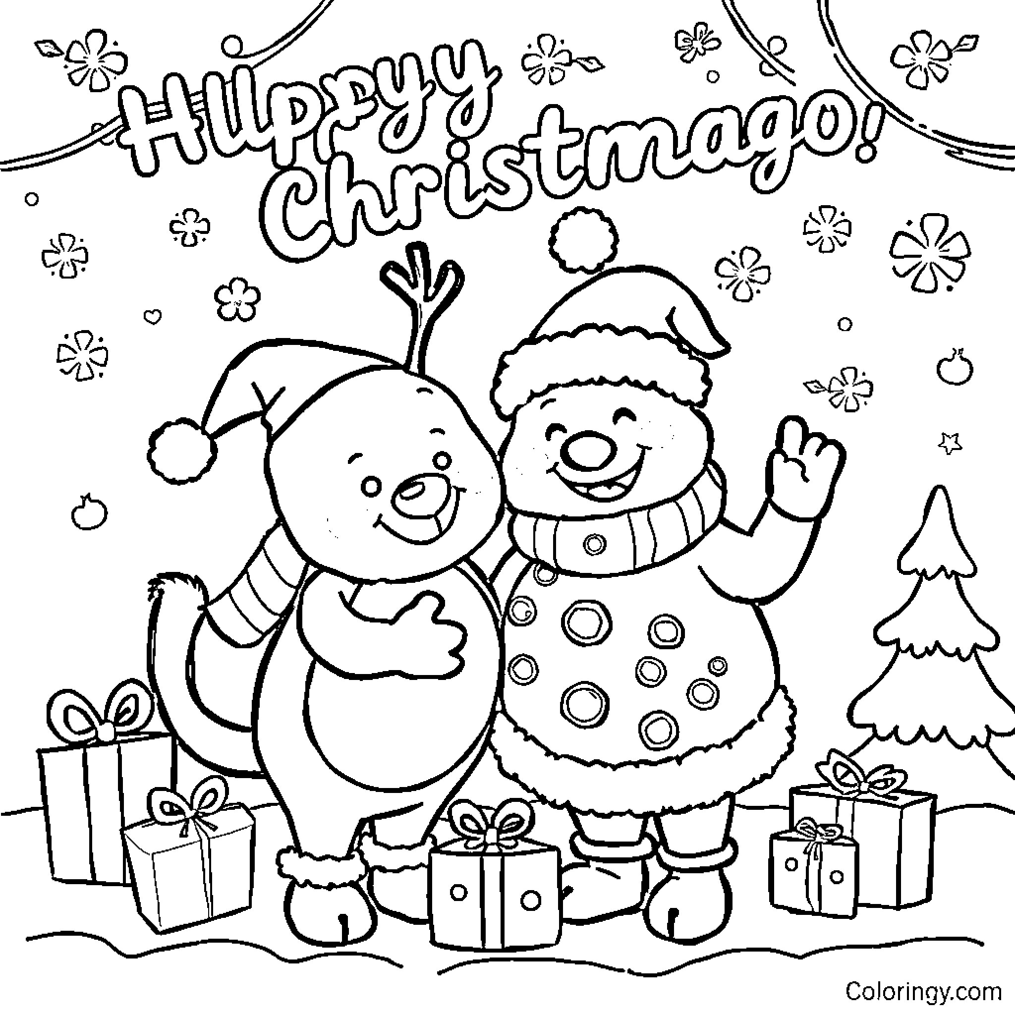 Bluey's Festive Christmas with Snowman and Gifts Coloring Page (free black-and-white line drawing printable PDF for all, from beginners to advanced learners, including children, teens, adults, and seniors)