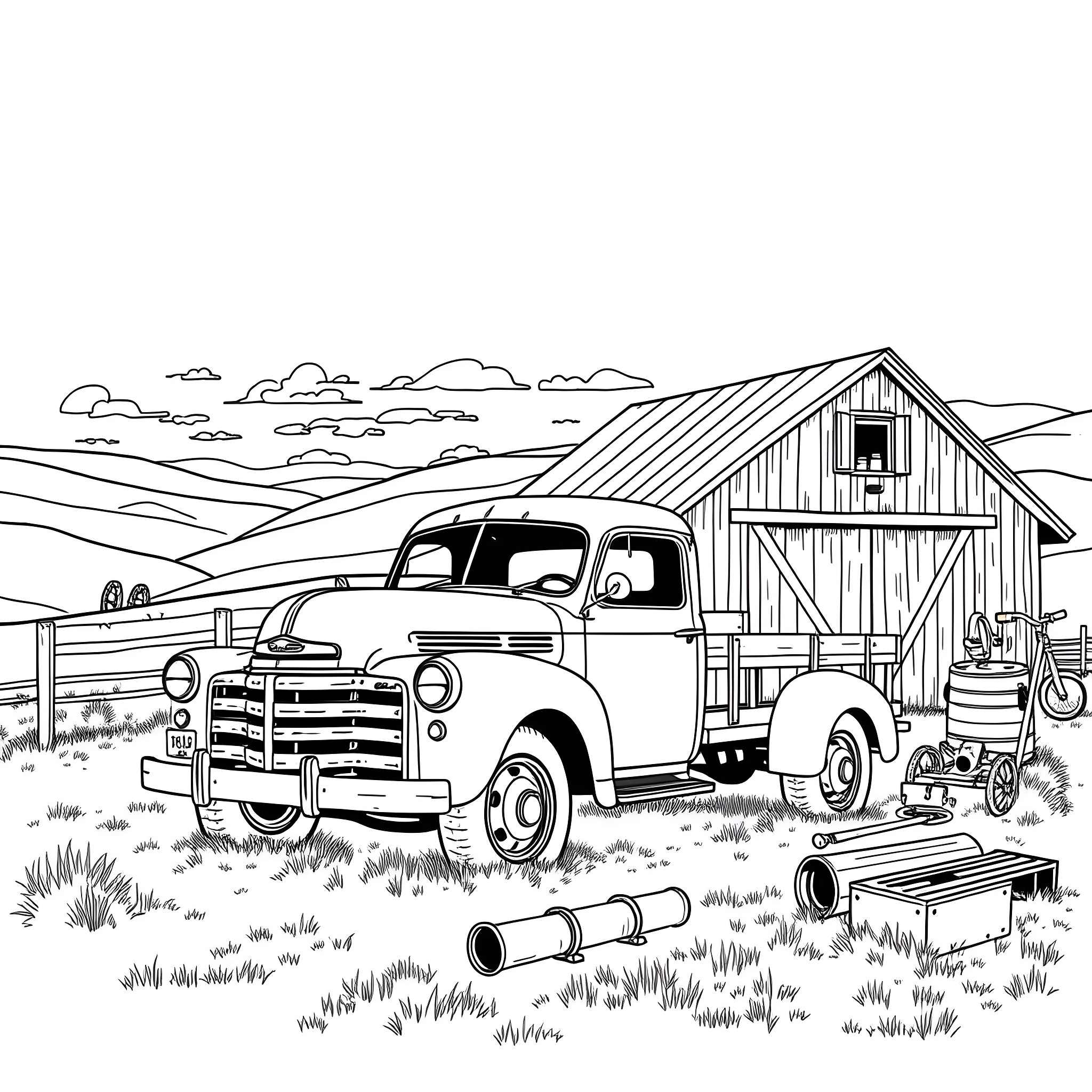 Truck unloading supplies near an old barn Coloring Page (free black-and-white line drawing printable PDF for all, from beginners to advanced learners, including children, teens, adults, and seniors)