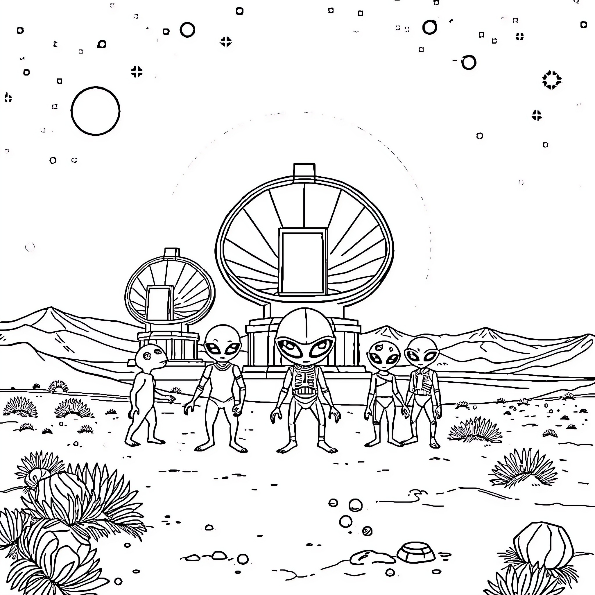 Alien Explorers Investigate Extraterrestrial Technology Coloring Page (free black-and-white line drawing printable PDF for all, from beginners to advanced learners, including children, teens, adults, and seniors)