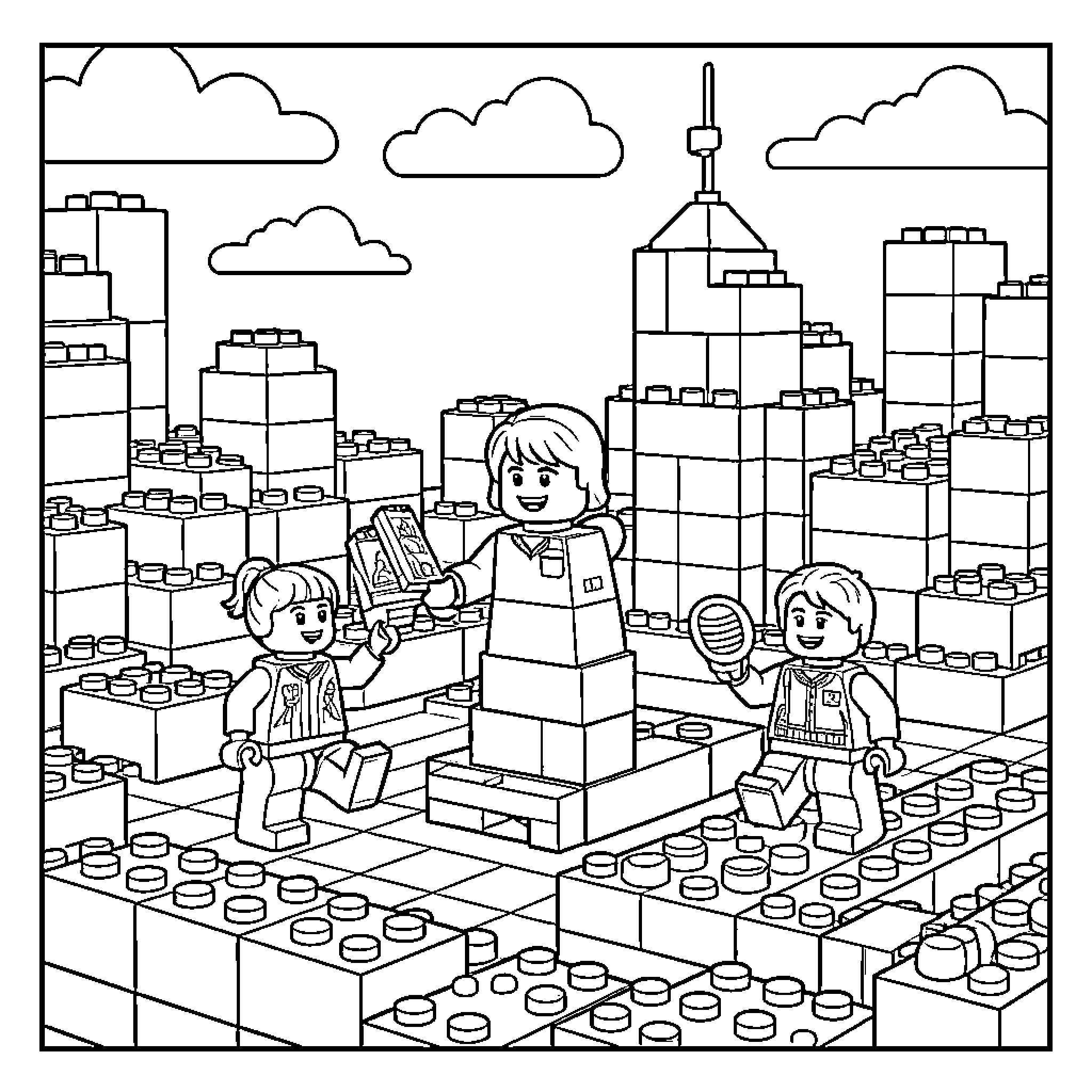 Lego figures exploring a busy miniature city scene Coloring Page (free black-and-white line drawing printable PDF for all, from beginners to advanced learners, including children, teens, adults, and seniors)