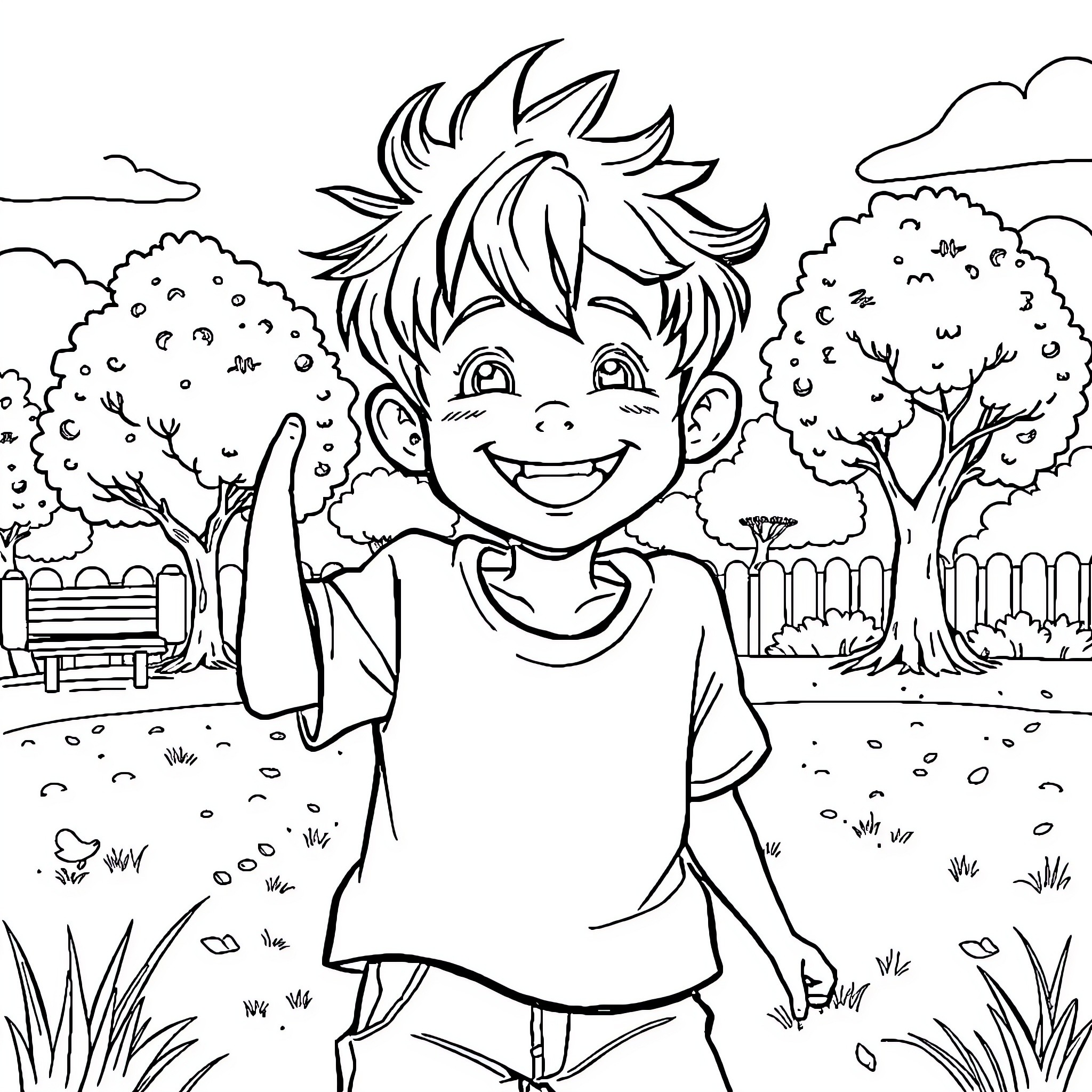 Sinson Happily Exploring the Outdoor Park Coloring Page (free black-and-white line drawing printable PDF for all, from beginners to advanced learners, including children, teens, adults, and seniors)