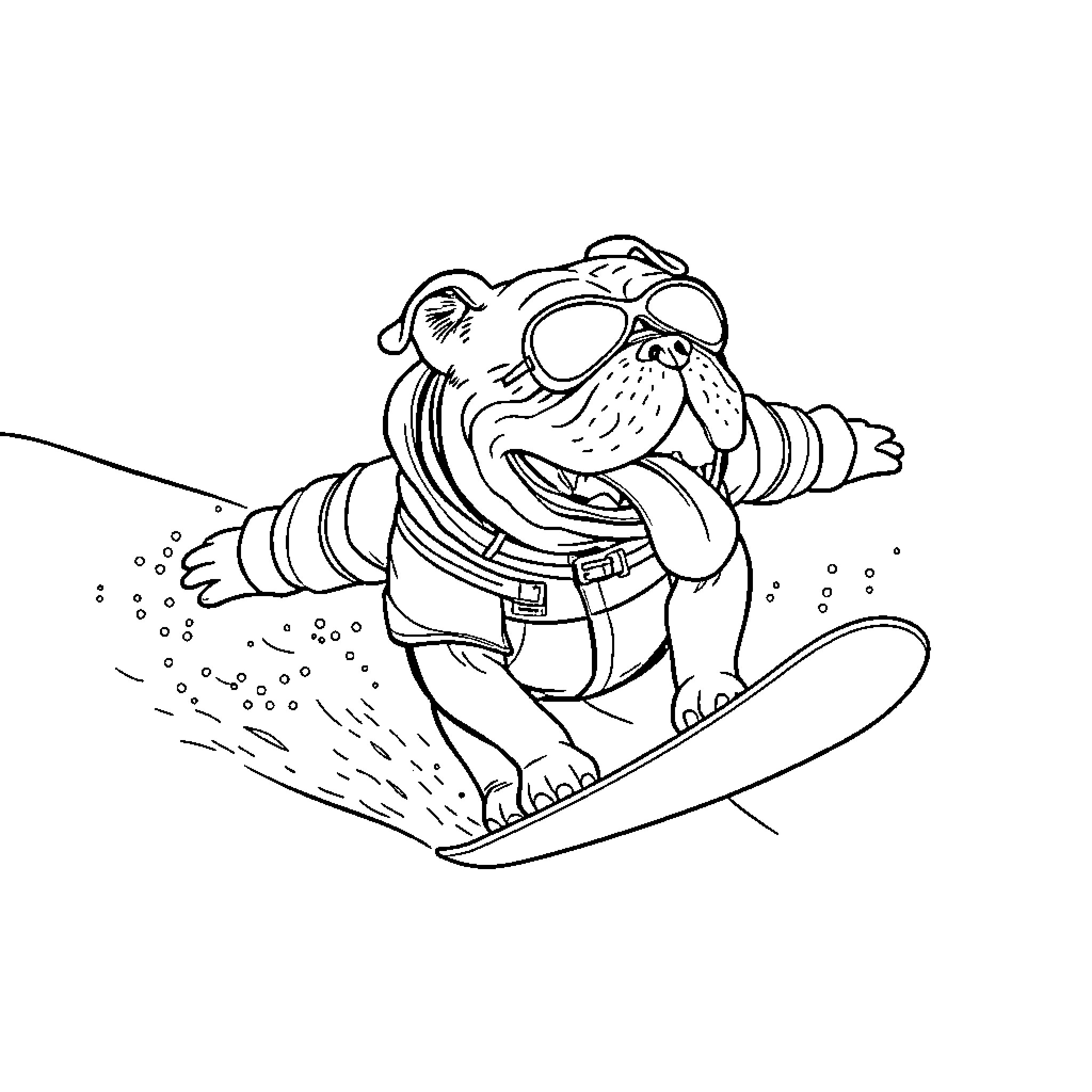 Bulldog riding a snowboard down the slopes Coloring Page (free black-and-white line drawing printable PDF for all, from beginners to advanced learners, including children, teens, adults, and seniors)