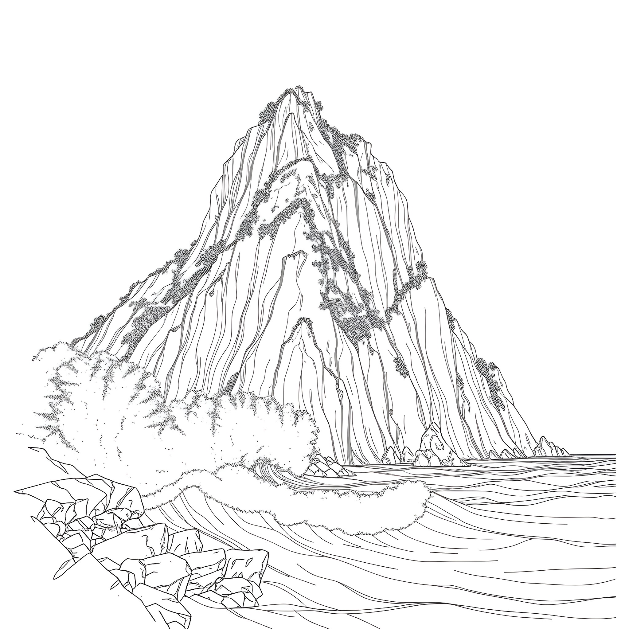 Cliff by the Turbulent Ocean Coloring Page (free black-and-white line drawing printable PDF for all, from beginners to advanced learners, including children, teens, adults, and seniors)