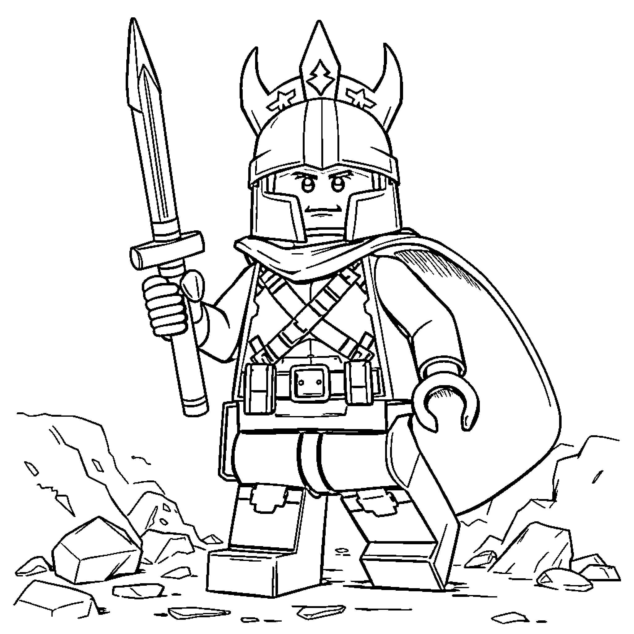 Combat Chevalier wielding sword in rugged terrain Coloring Page (free black-and-white line drawing printable PDF for all, from beginners to advanced learners, including children, teens, adults, and seniors)