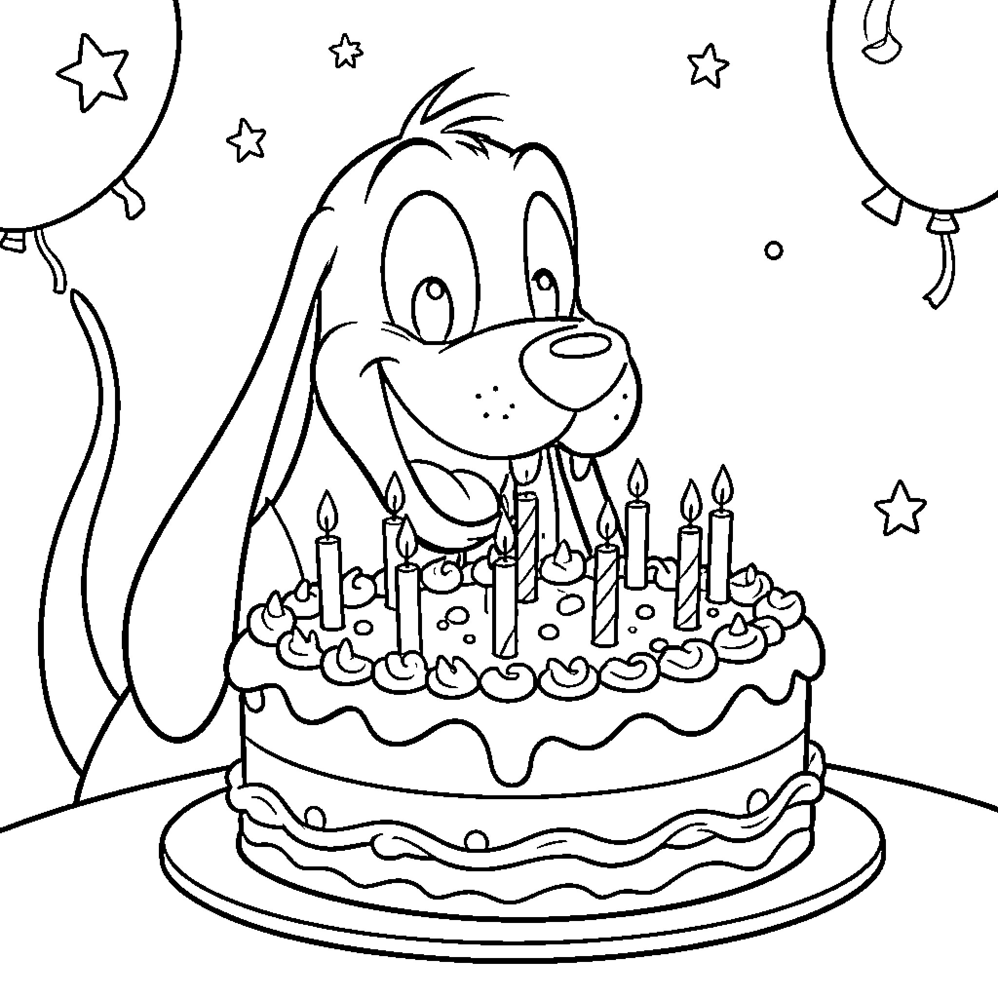 Pluto celebrating birthday with cake and balloons Coloring Page (free black-and-white line drawing printable PDF for all, from beginners to advanced learners, including children, teens, adults, and seniors)