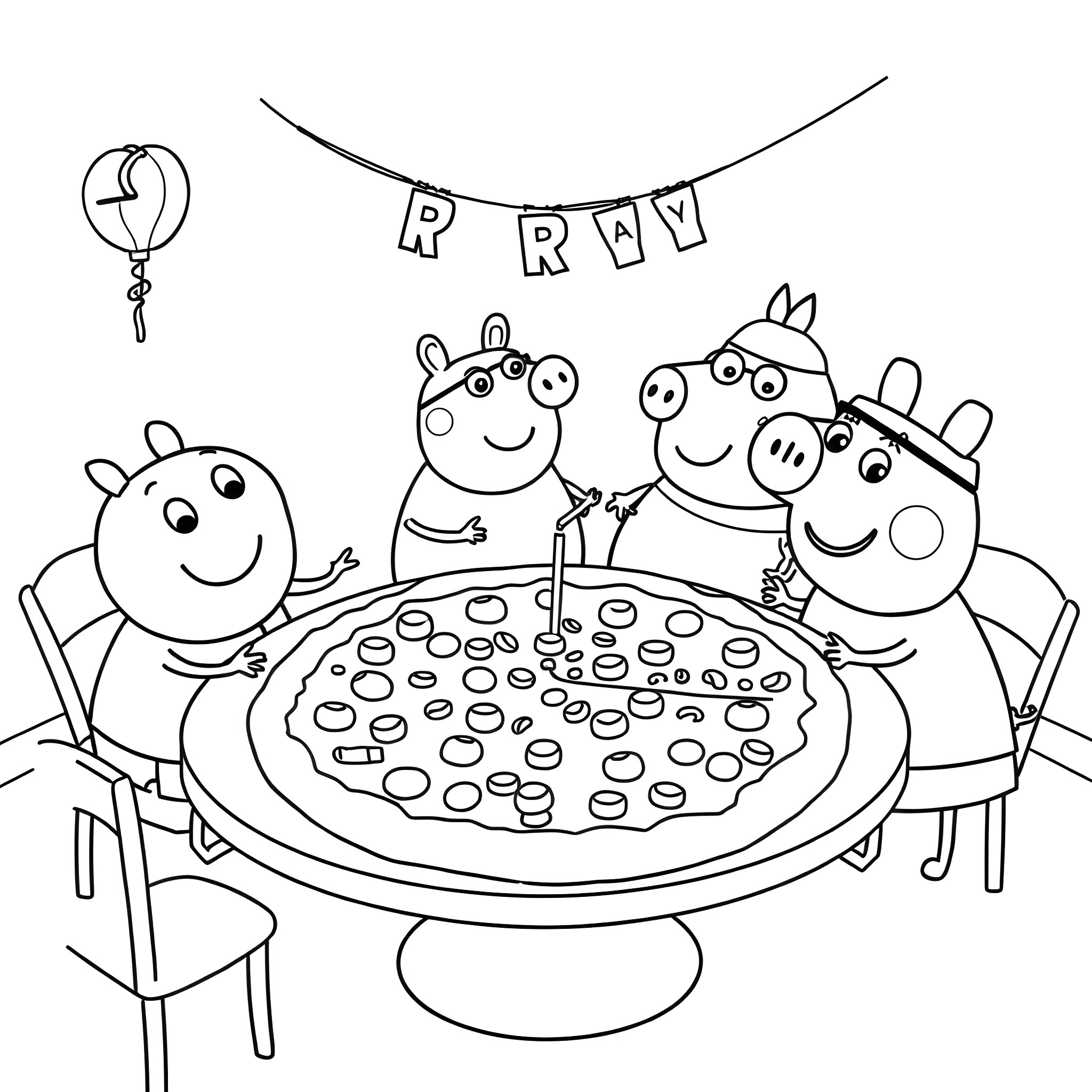 Character Family celebrating a Party with Pizza Coloring Page (free black-and-white line drawing printable PDF for all, from beginners to advanced learners, including children, teens, adults, and seniors)